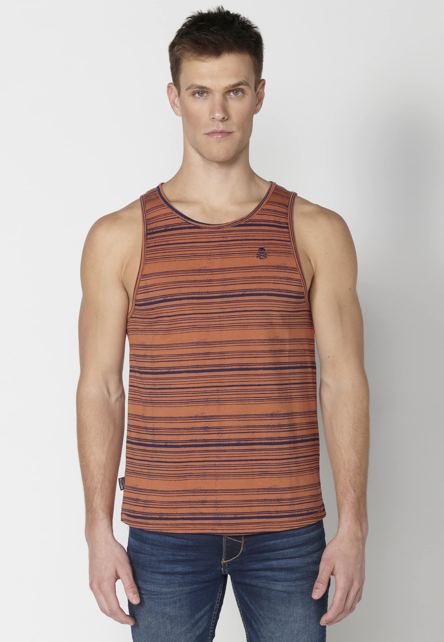 Men's Rust Color Striped Printed Cotton Tank Top