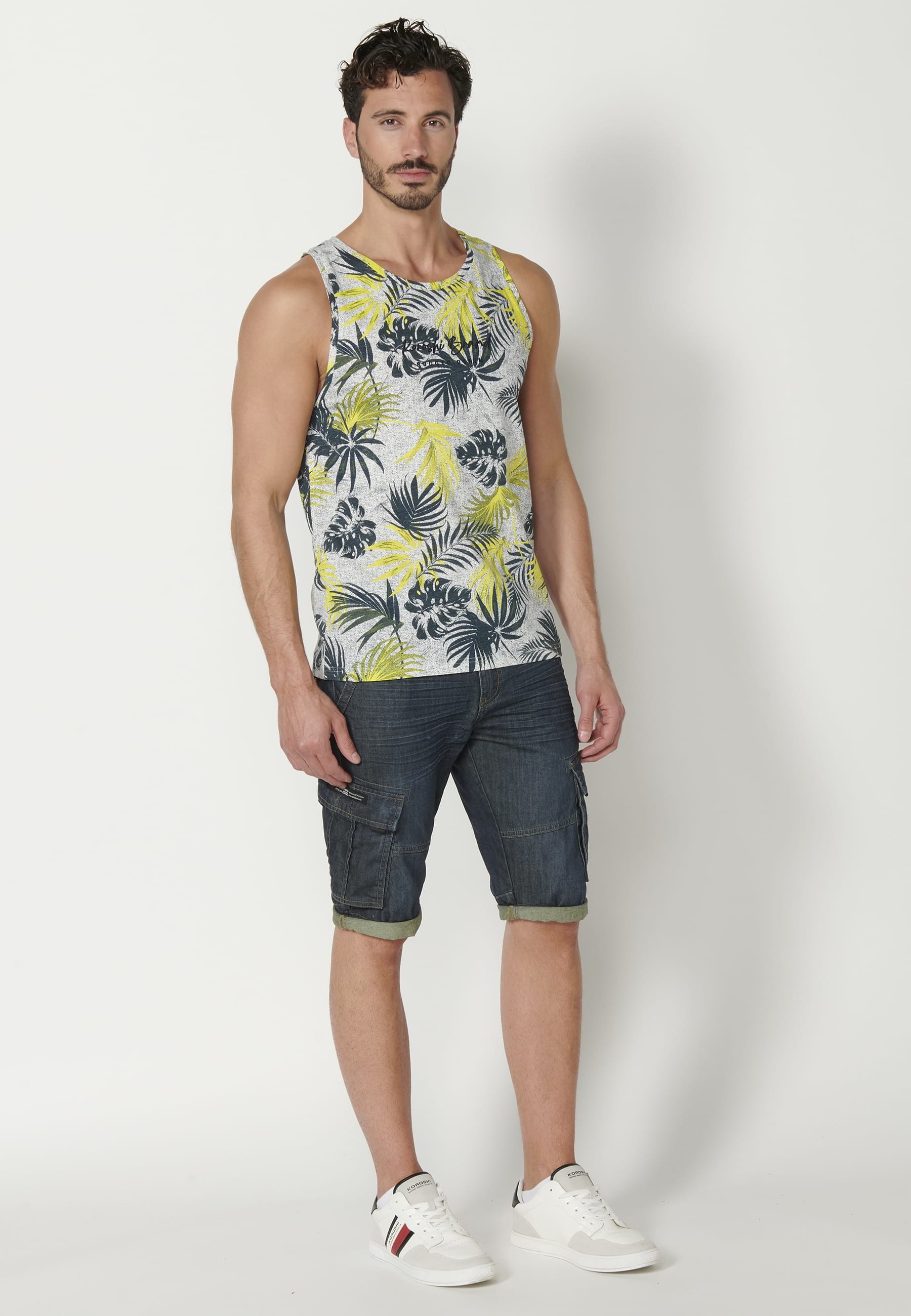 Camiseta sin mangas de Algodón con estampado tropical color Blanco para Hombre