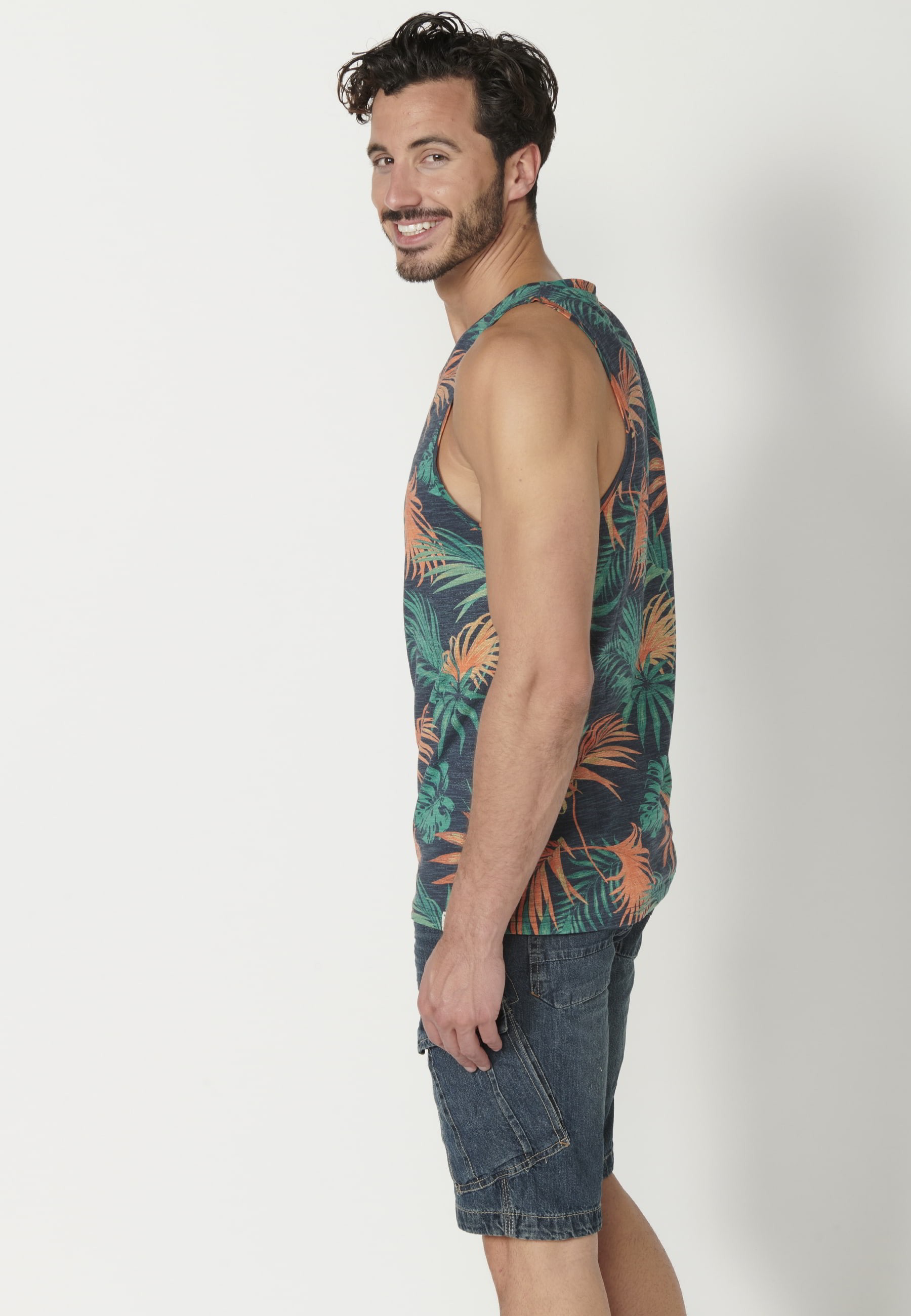Camiseta sin mangas de Algodón con estampado tropical color Navy para Hombre