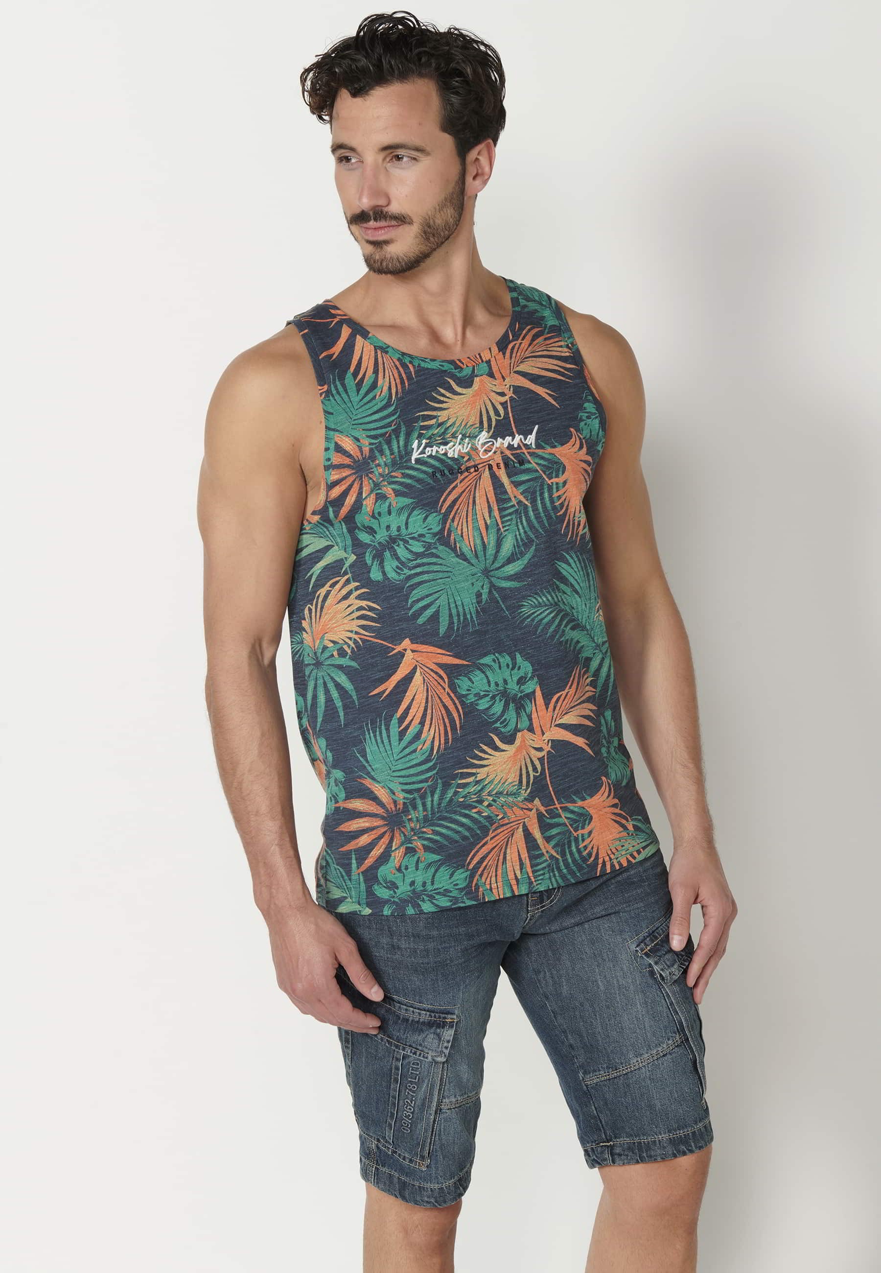 Camiseta sin mangas de Algodón con estampado tropical color Navy para Hombre