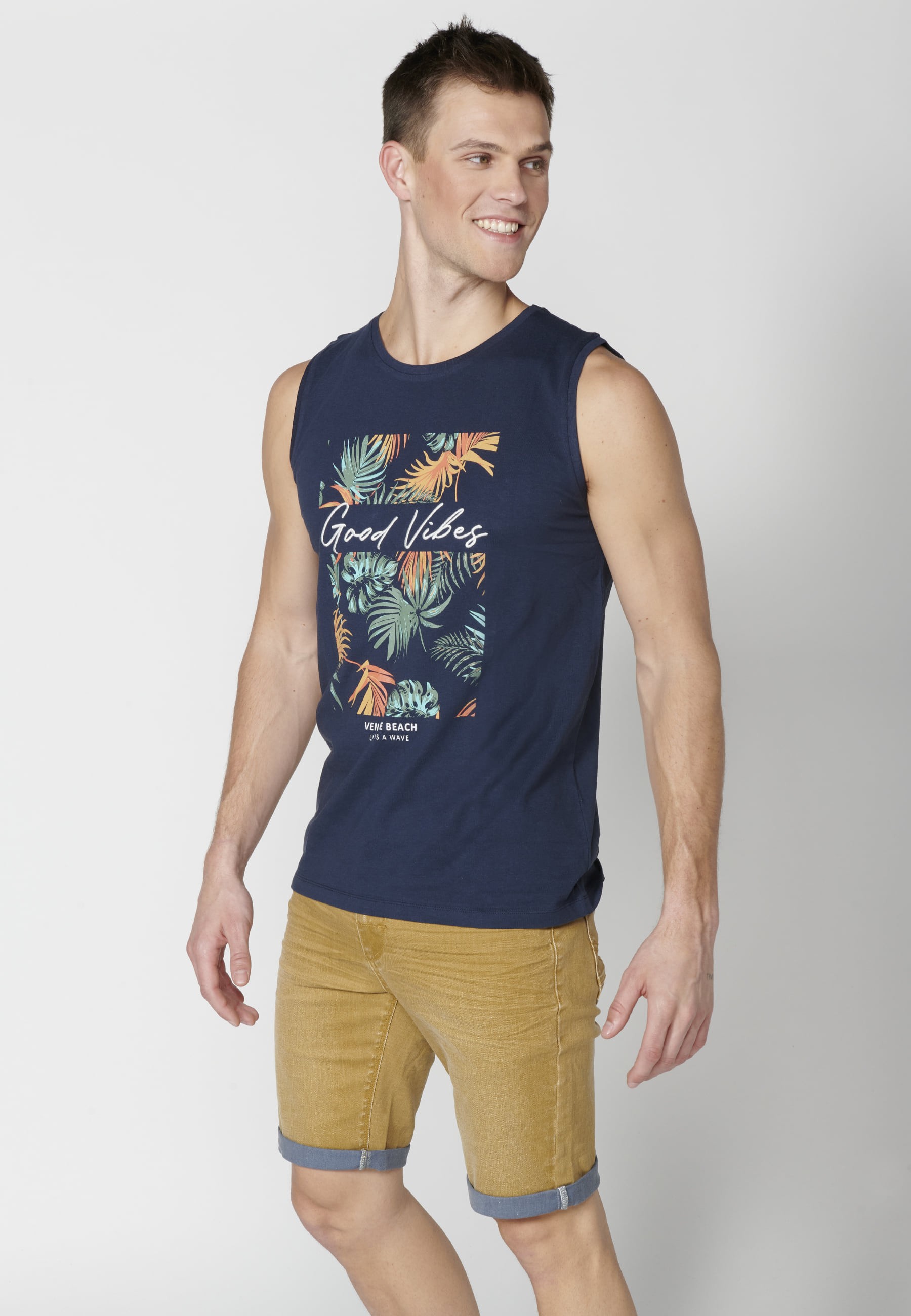 Navy Front Printed Cotton Tank Top for Men