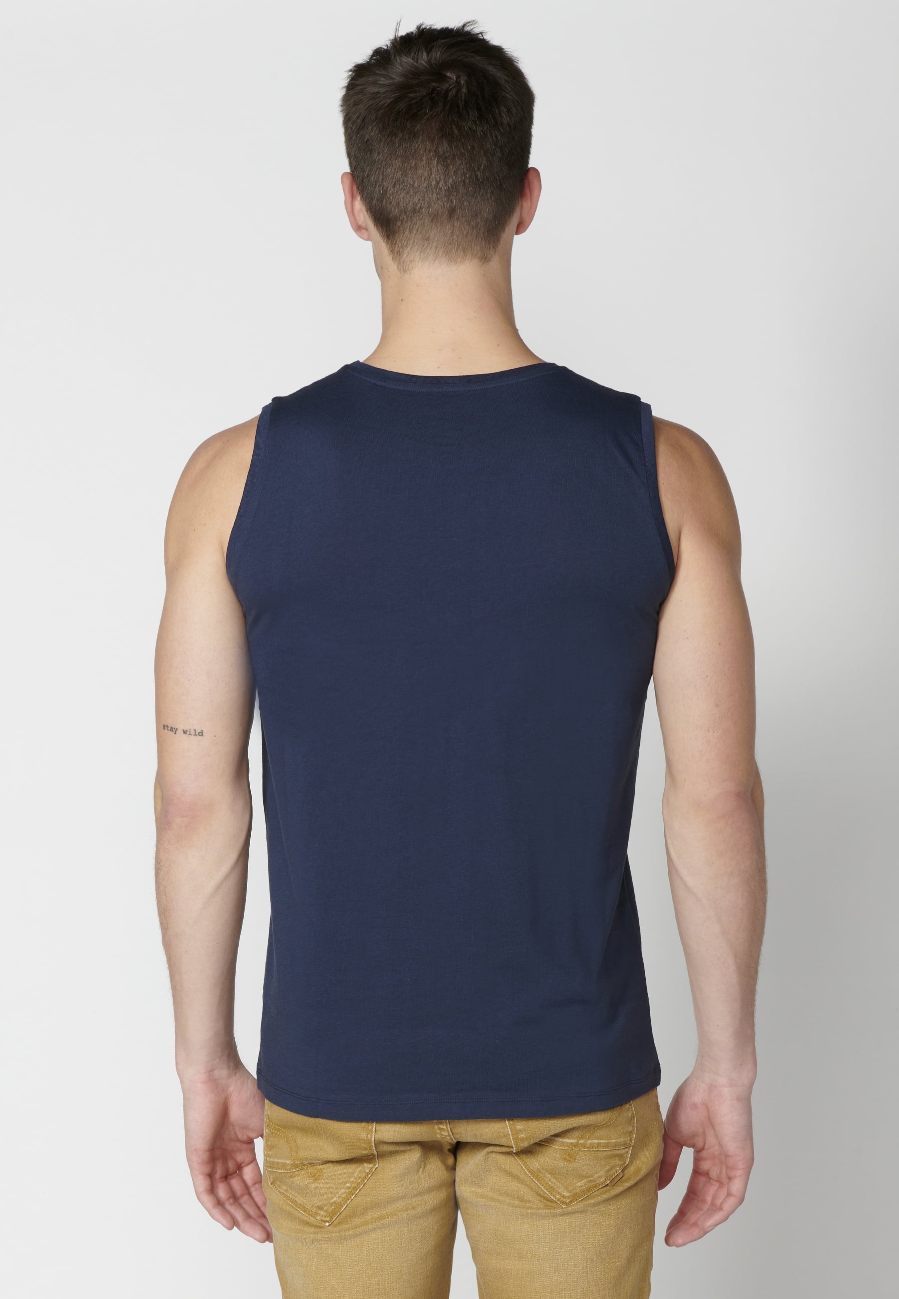 Camiseta sin mangas de algodón estampado delantero color Navy para Hombre