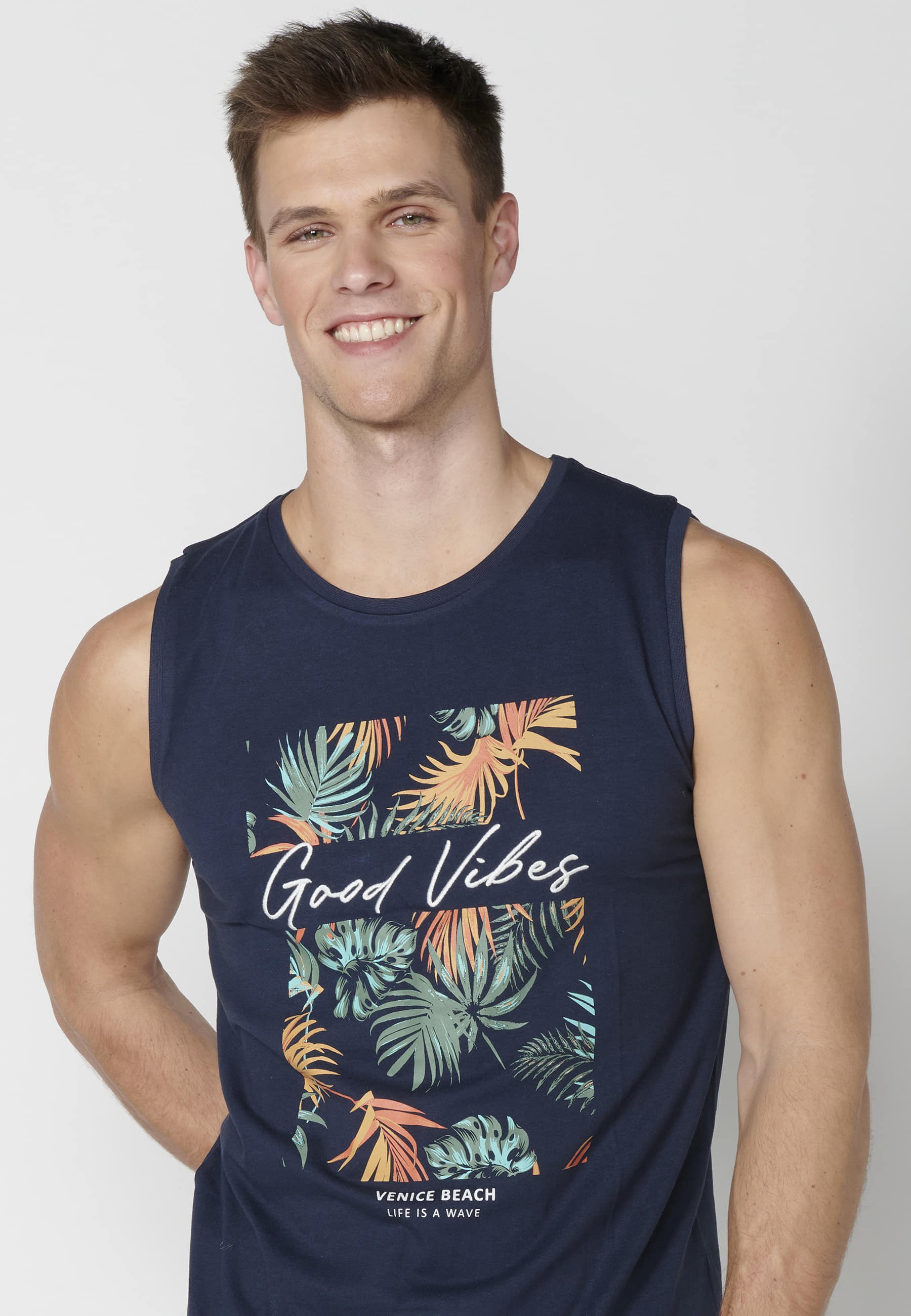 Navy Front Printed Cotton Tank Top for Men