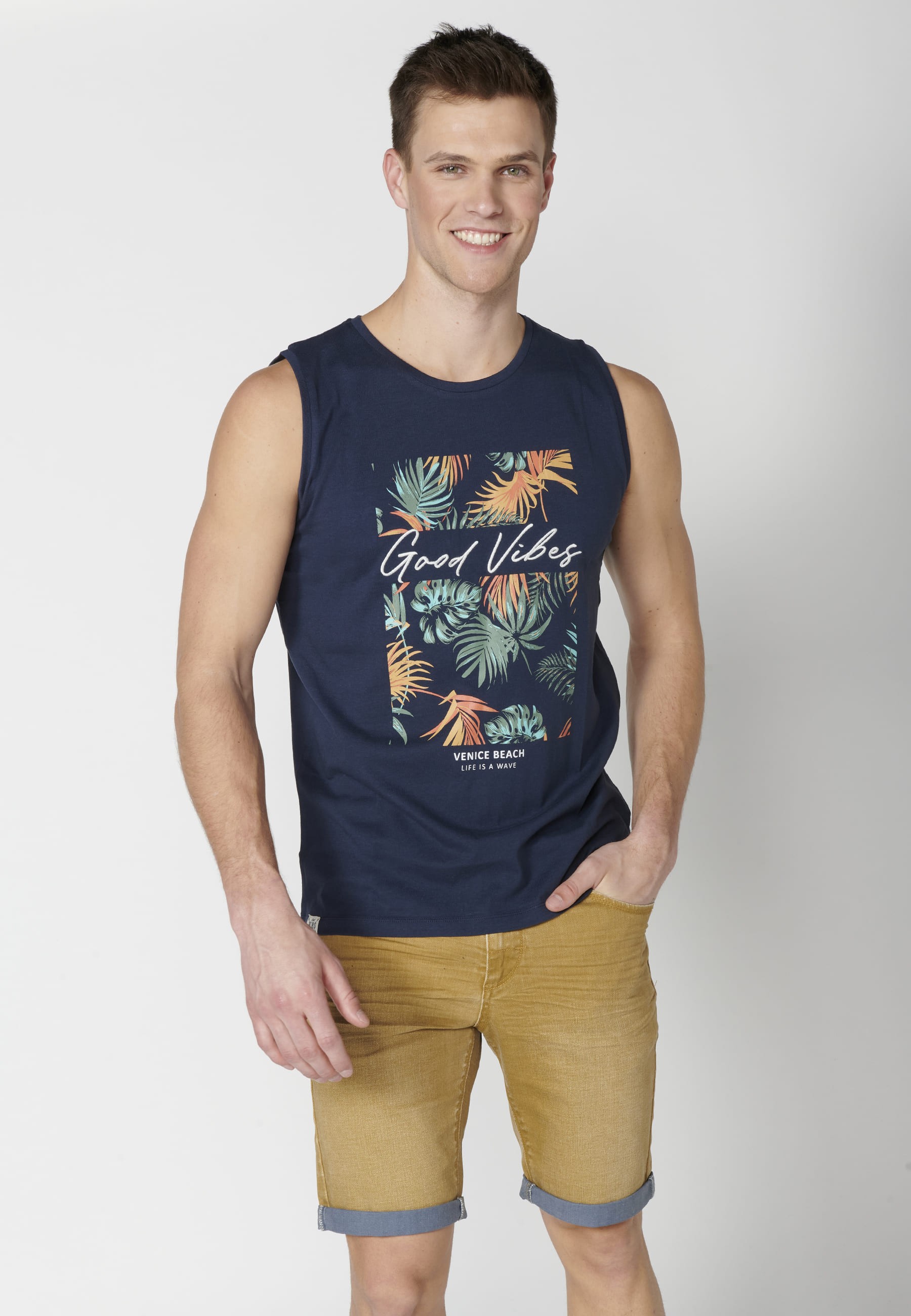 Camiseta sin mangas de algodón estampado delantero color Navy para Hombre