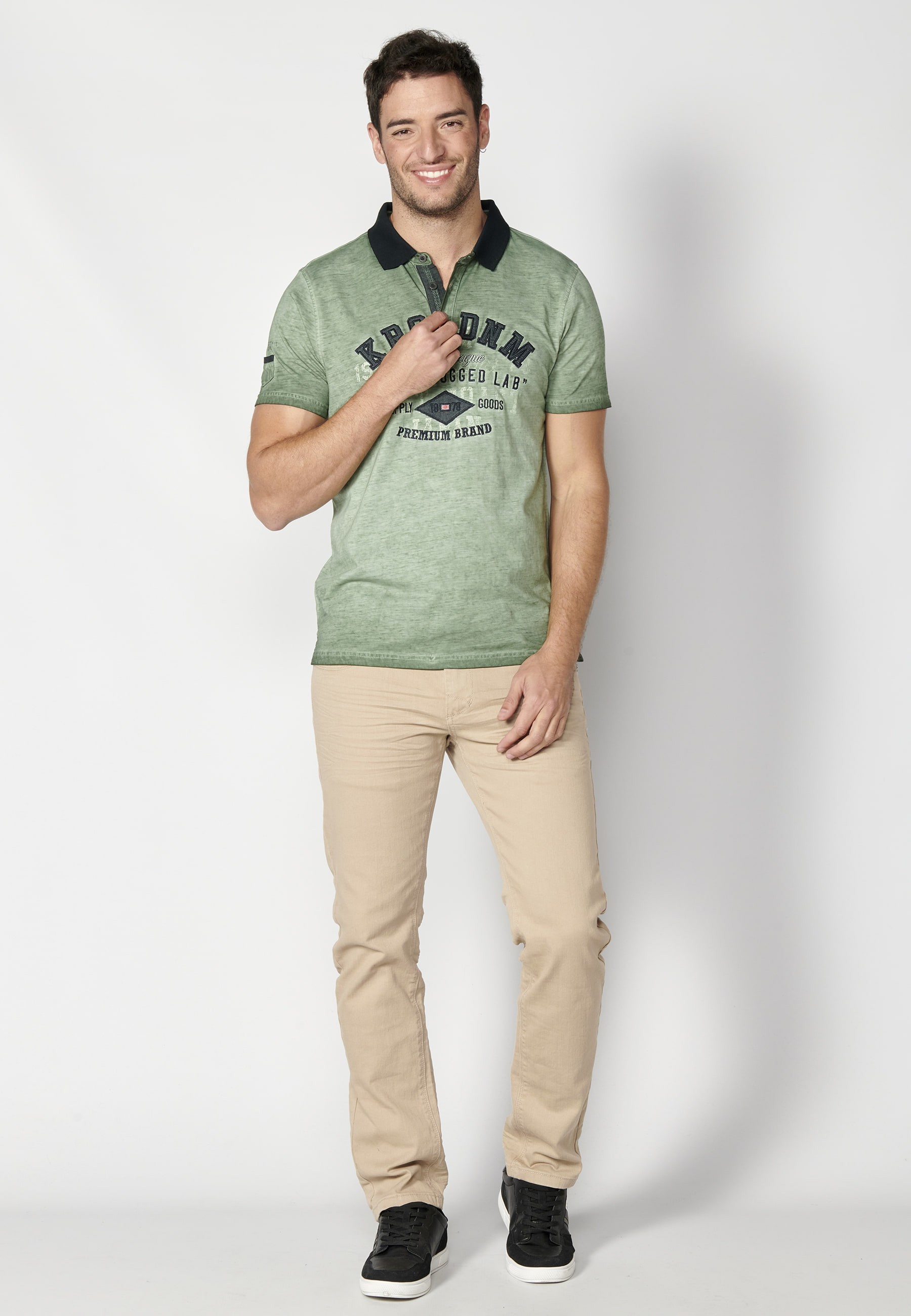 Khaki short-sleeved Cotton polo shirt with text print for Men