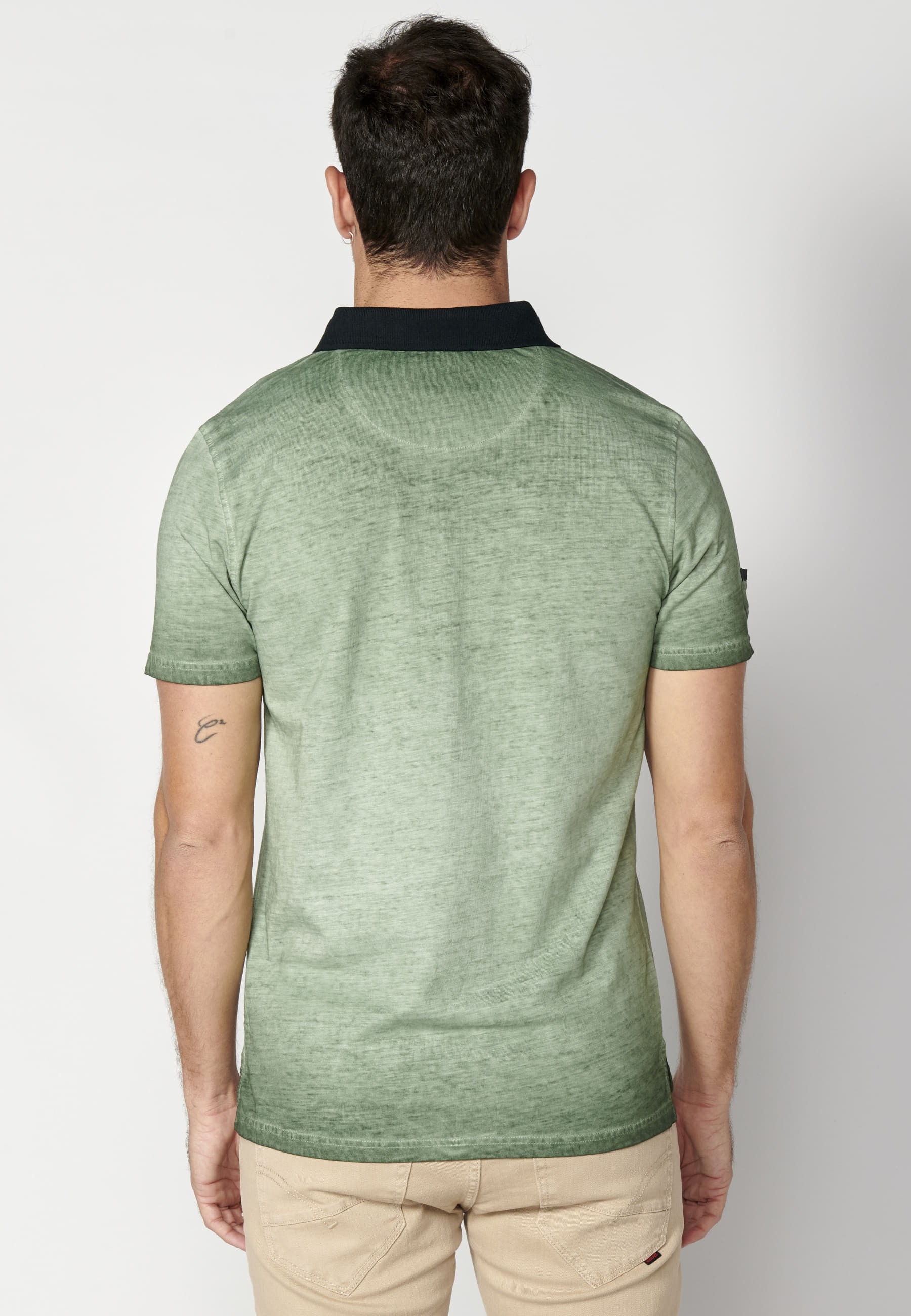 Khakifarbenes Kurzarm-Poloshirt aus Baumwolle mit Textdruck für Herren