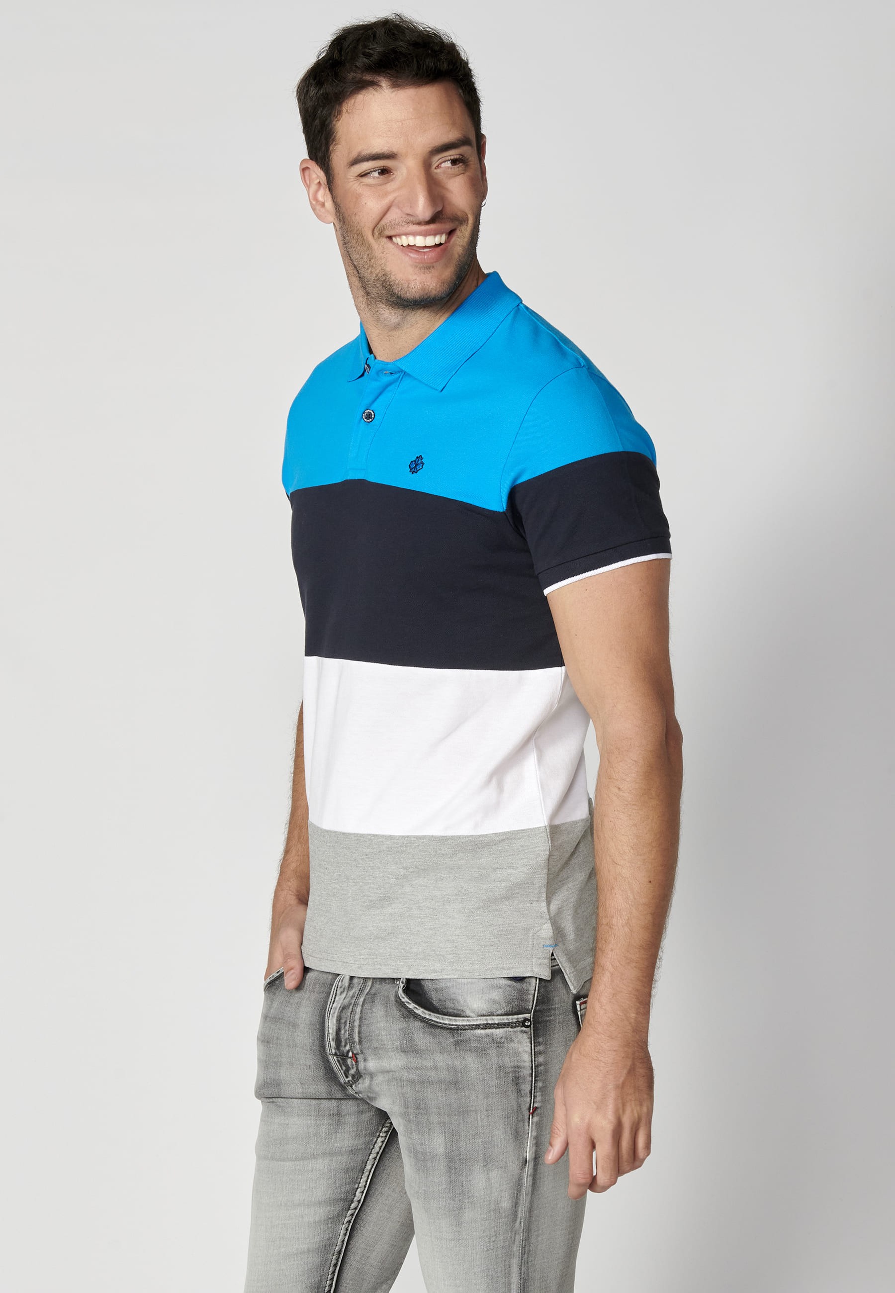 Blue striped cotton short-sleeved polo shirt for Men