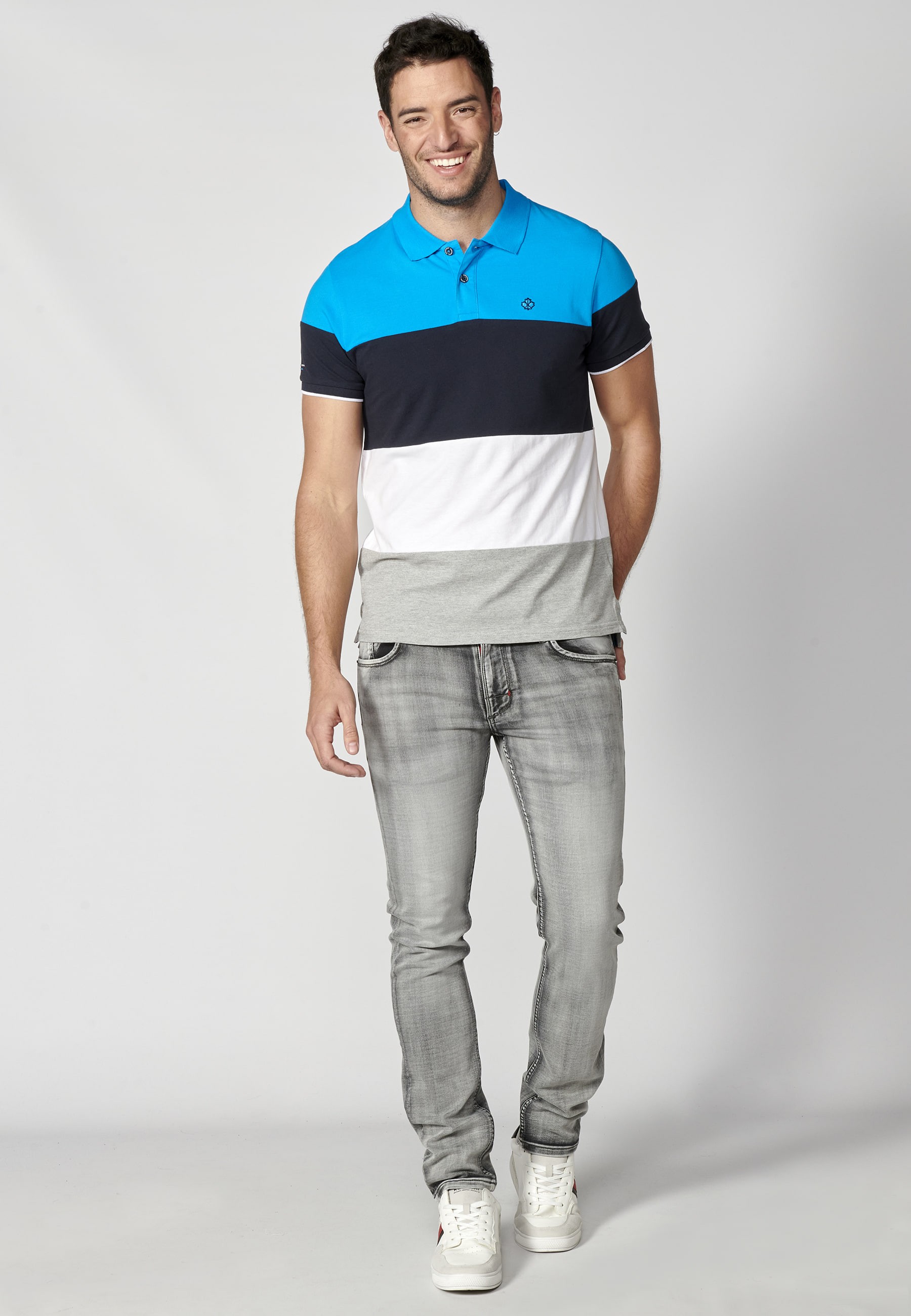 Blue striped cotton short-sleeved polo shirt for Men