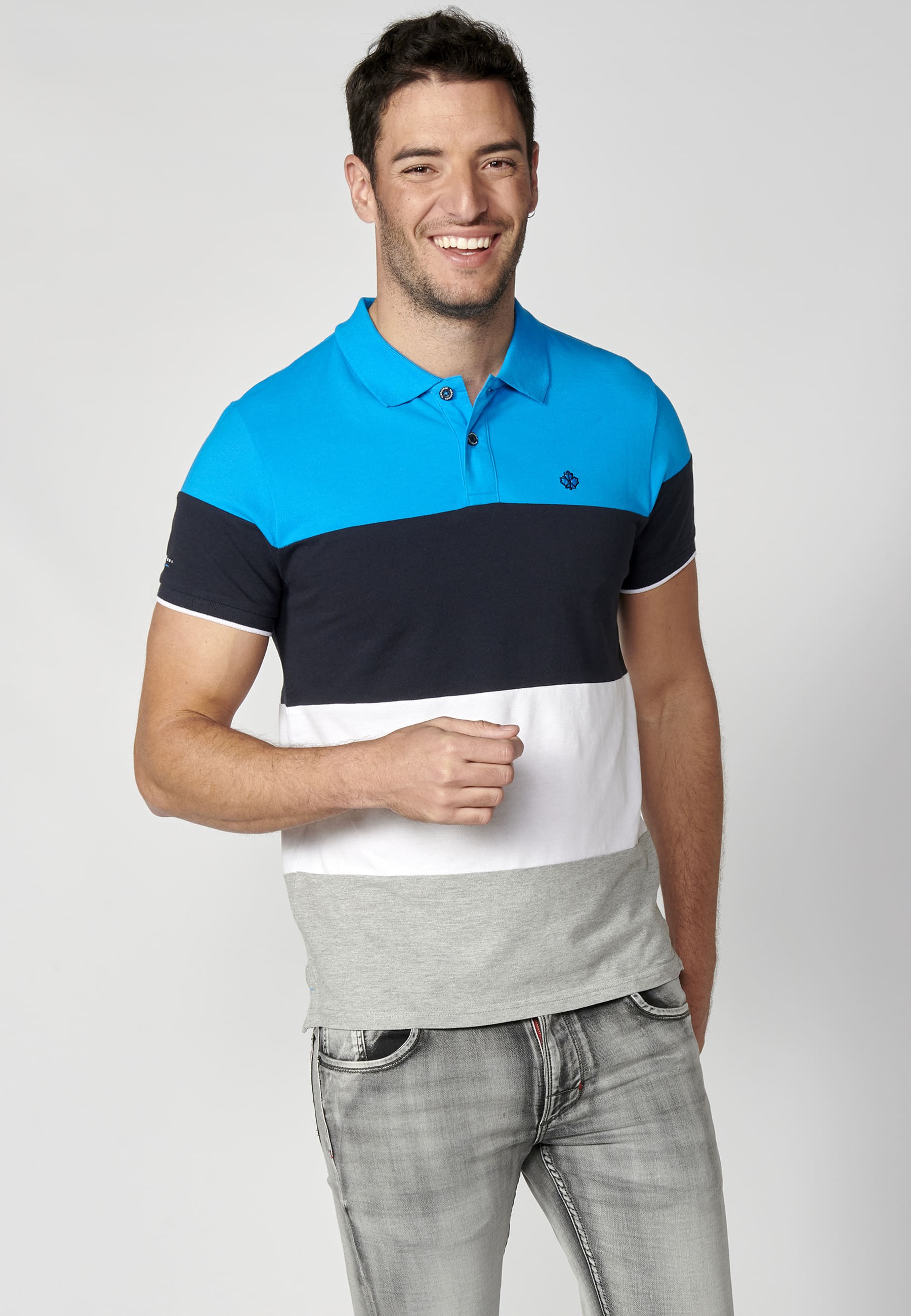 Blue striped cotton short-sleeved polo shirt for Men