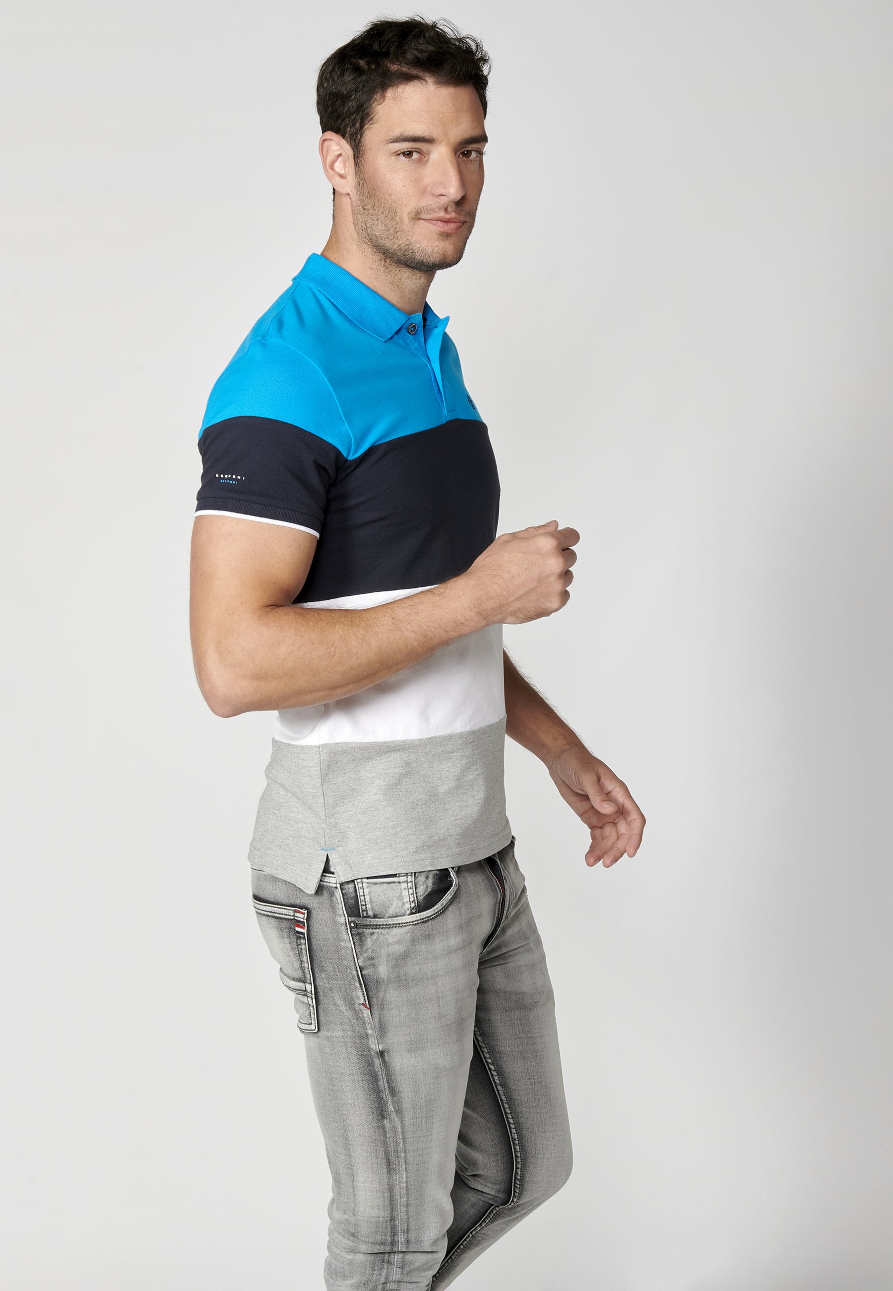 Blue striped cotton short-sleeved polo shirt for Men