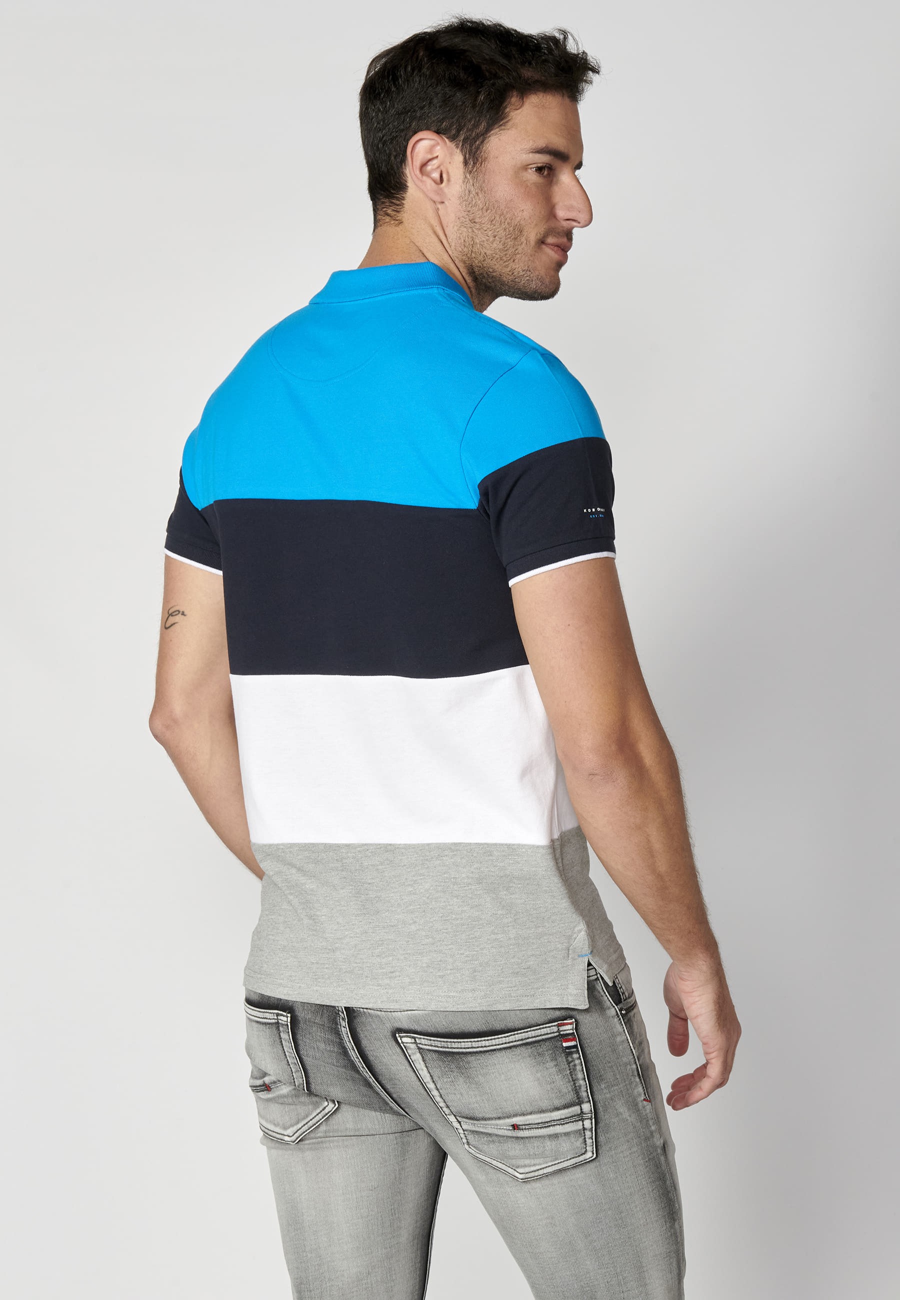 Blue striped cotton short-sleeved polo shirt for Men