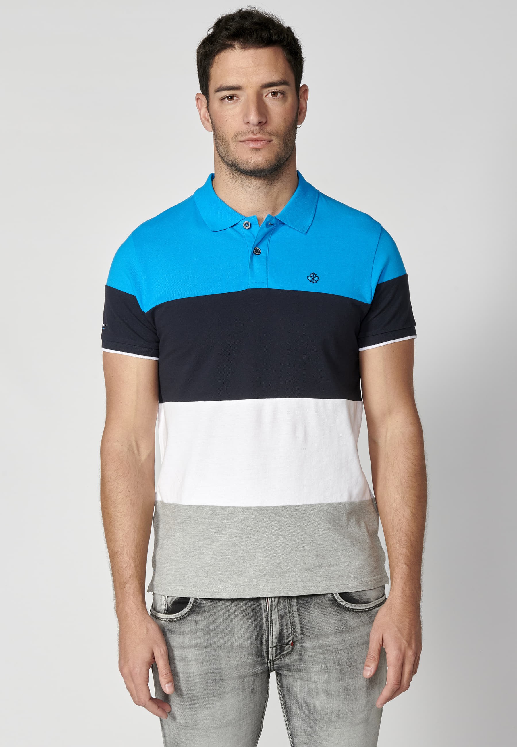 Blue striped cotton short-sleeved polo shirt for Men