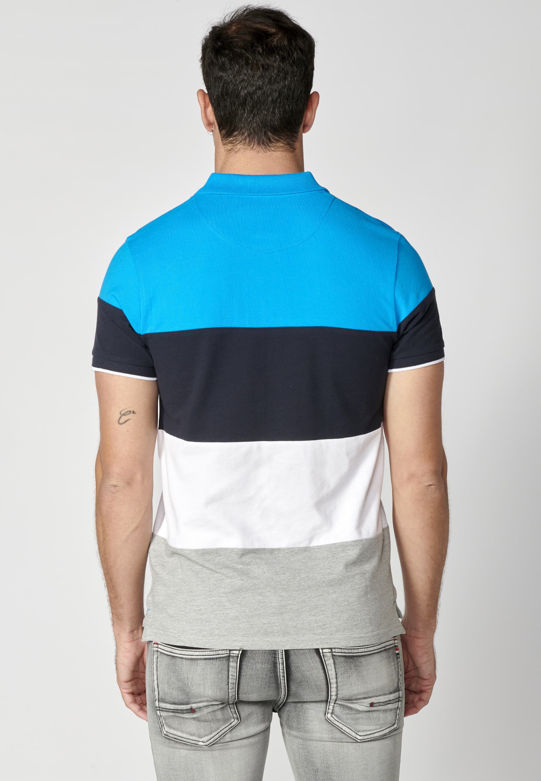 Blue striped cotton short-sleeved polo shirt for Men