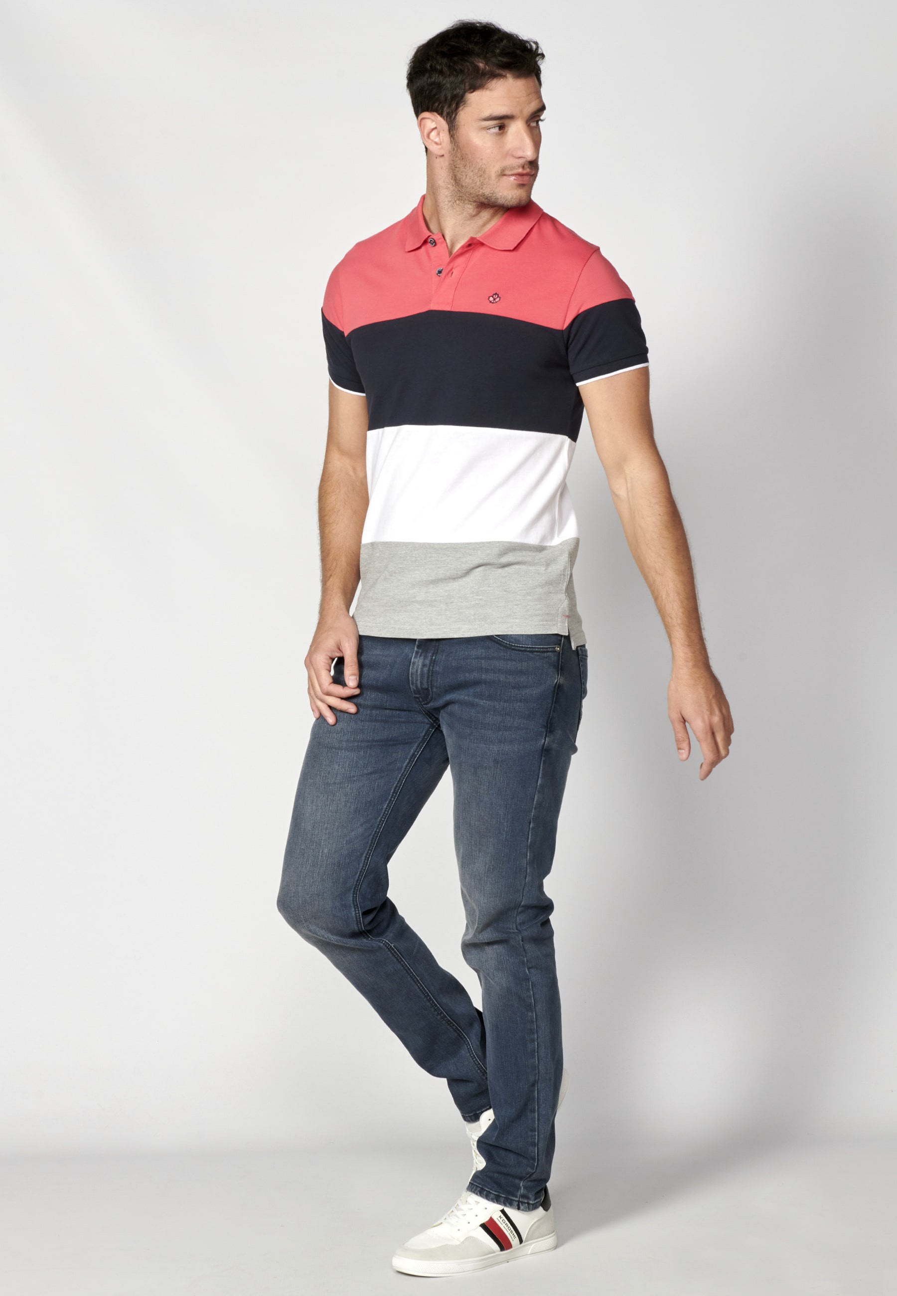 Coral Striped Cotton Short Sleeve Polo Shirt for Men