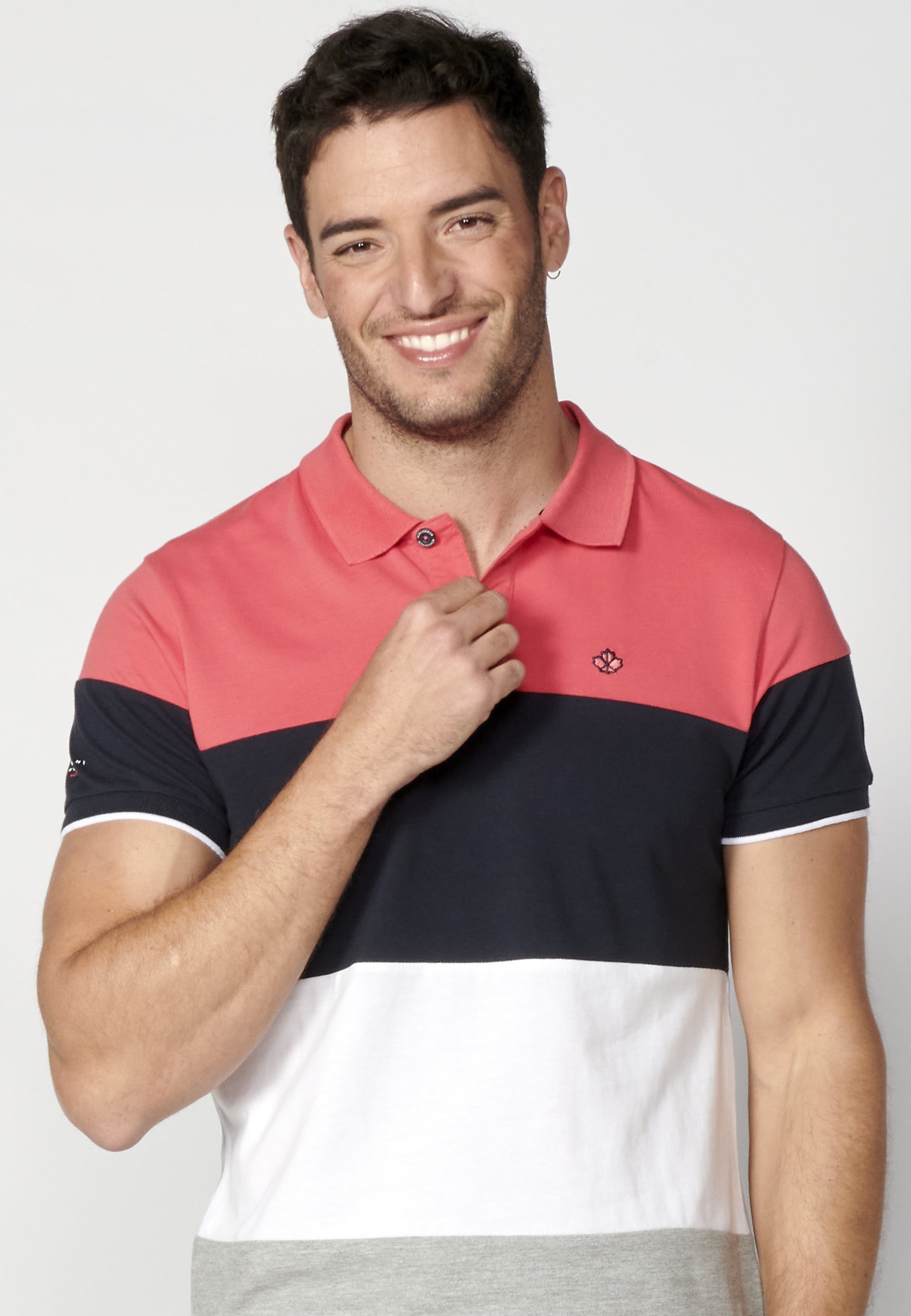 Coral Striped Cotton Short Sleeve Polo Shirt for Men