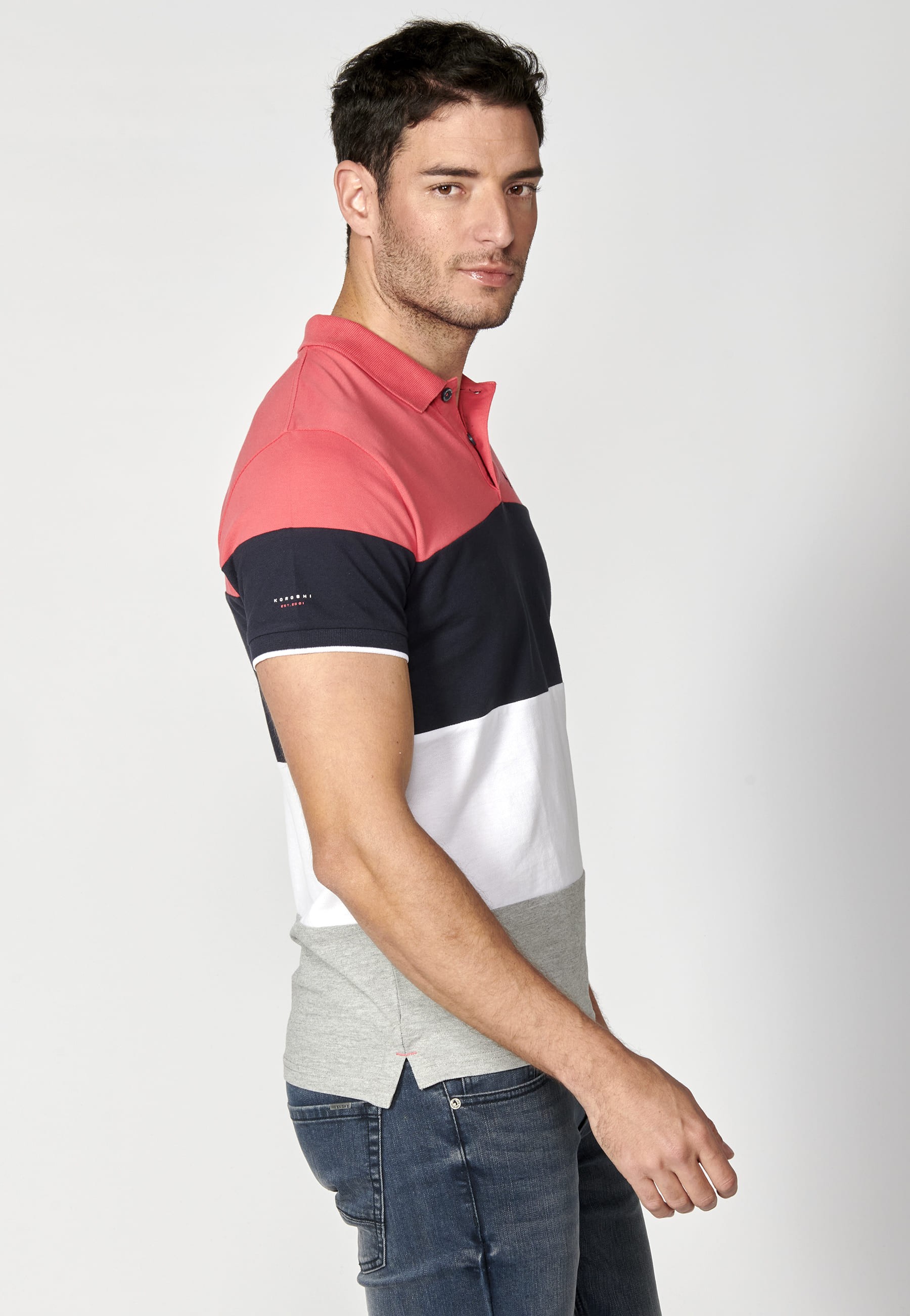 Coral Striped Cotton Short Sleeve Polo Shirt for Men