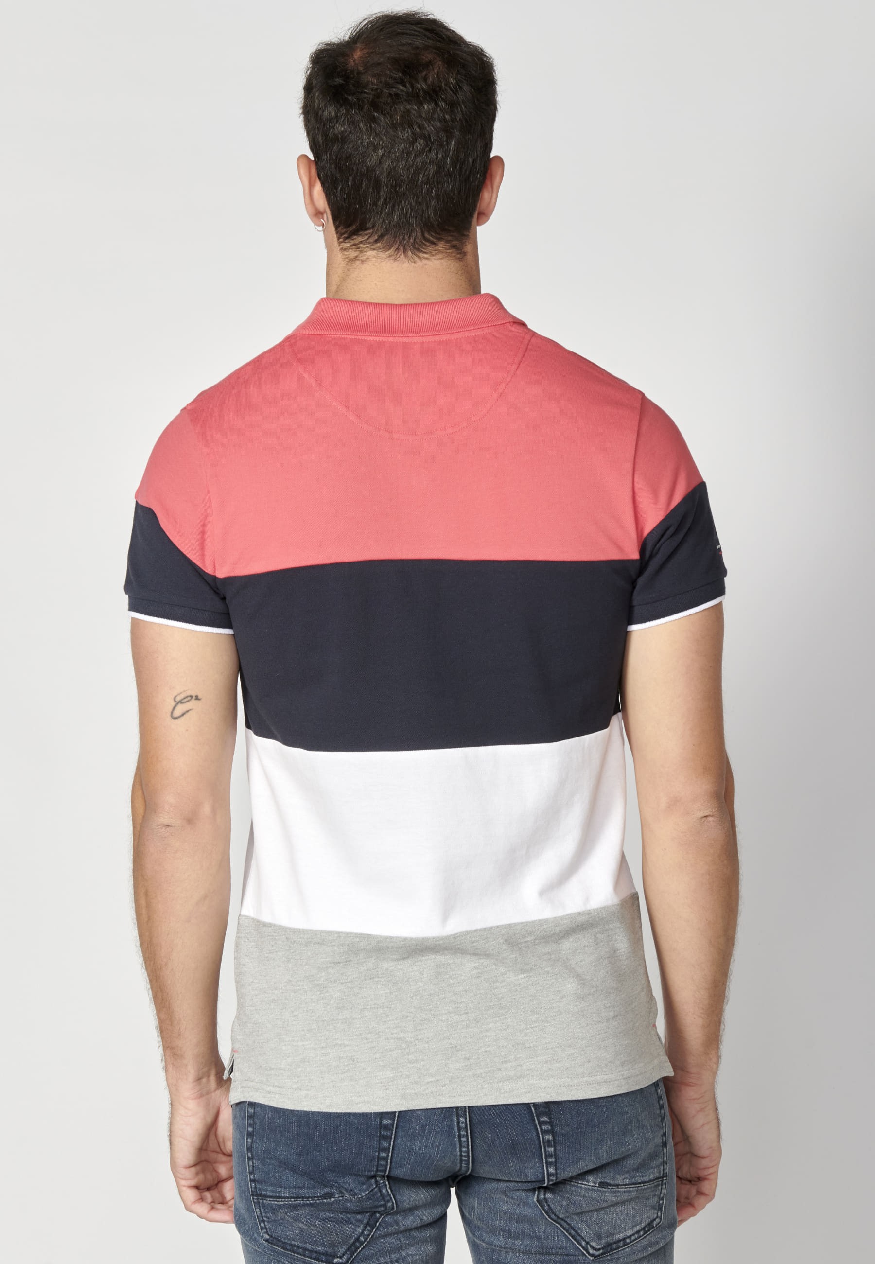 Coral Striped Cotton Short Sleeve Polo Shirt for Men