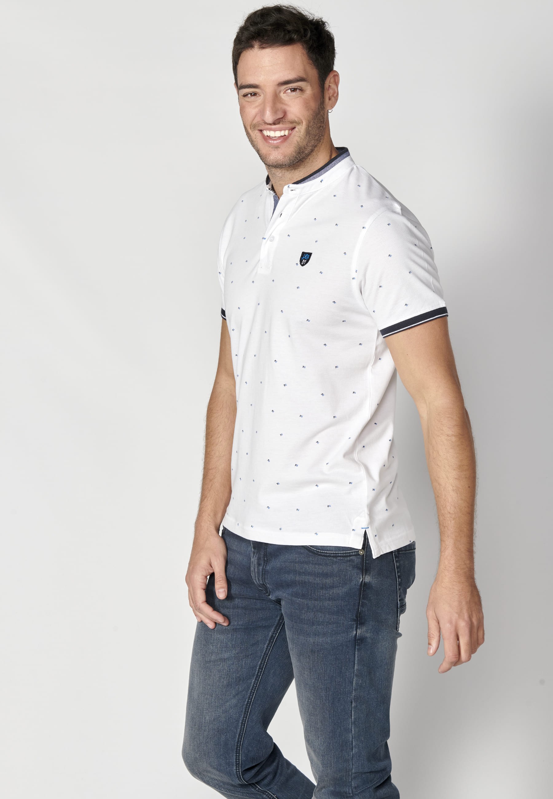 White Printed Cotton Short Sleeve Polo Shirt for Men