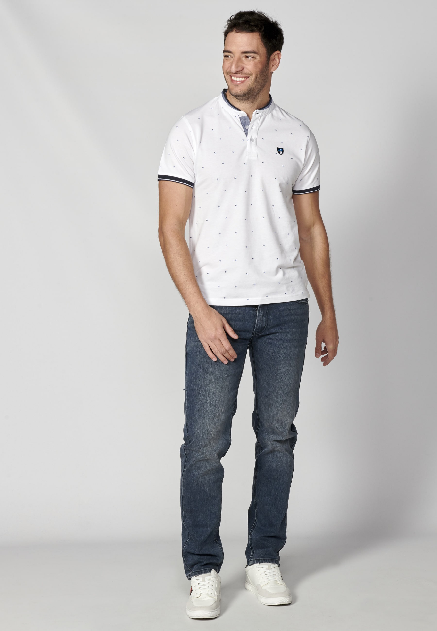 White Printed Cotton Short Sleeve Polo Shirt for Men