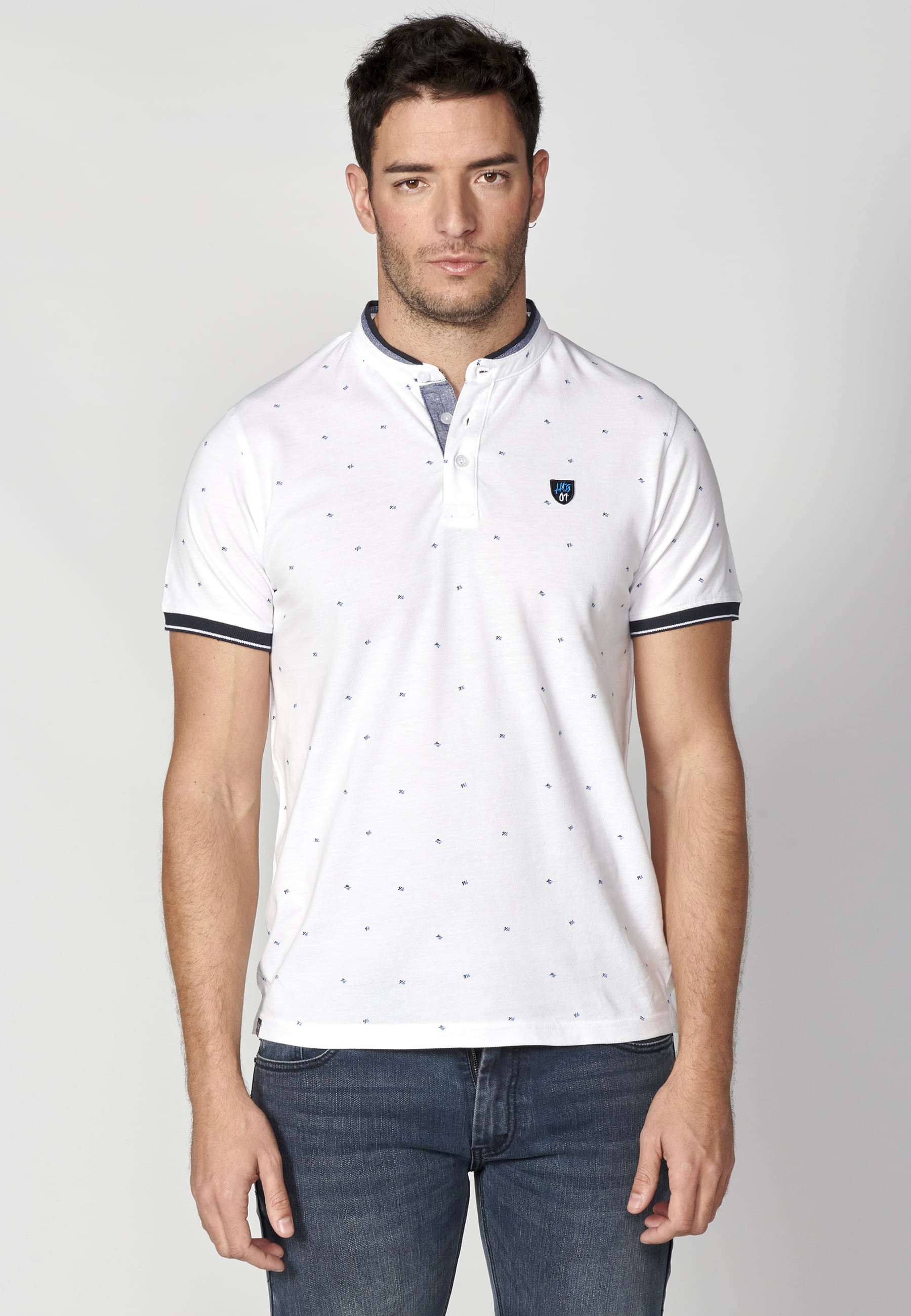 White Printed Cotton Short Sleeve Polo Shirt for Men