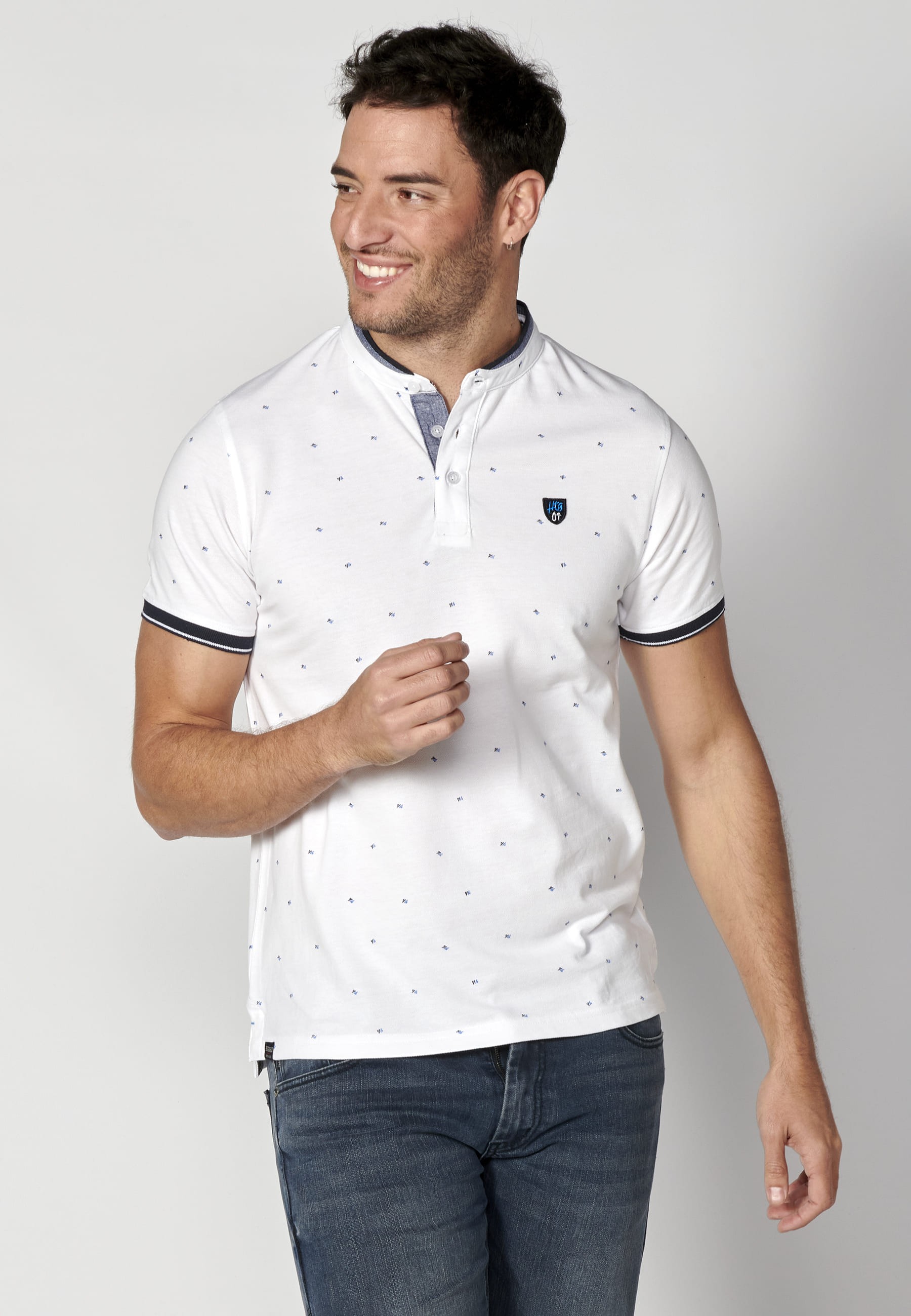 White Printed Cotton Short Sleeve Polo Shirt for Men