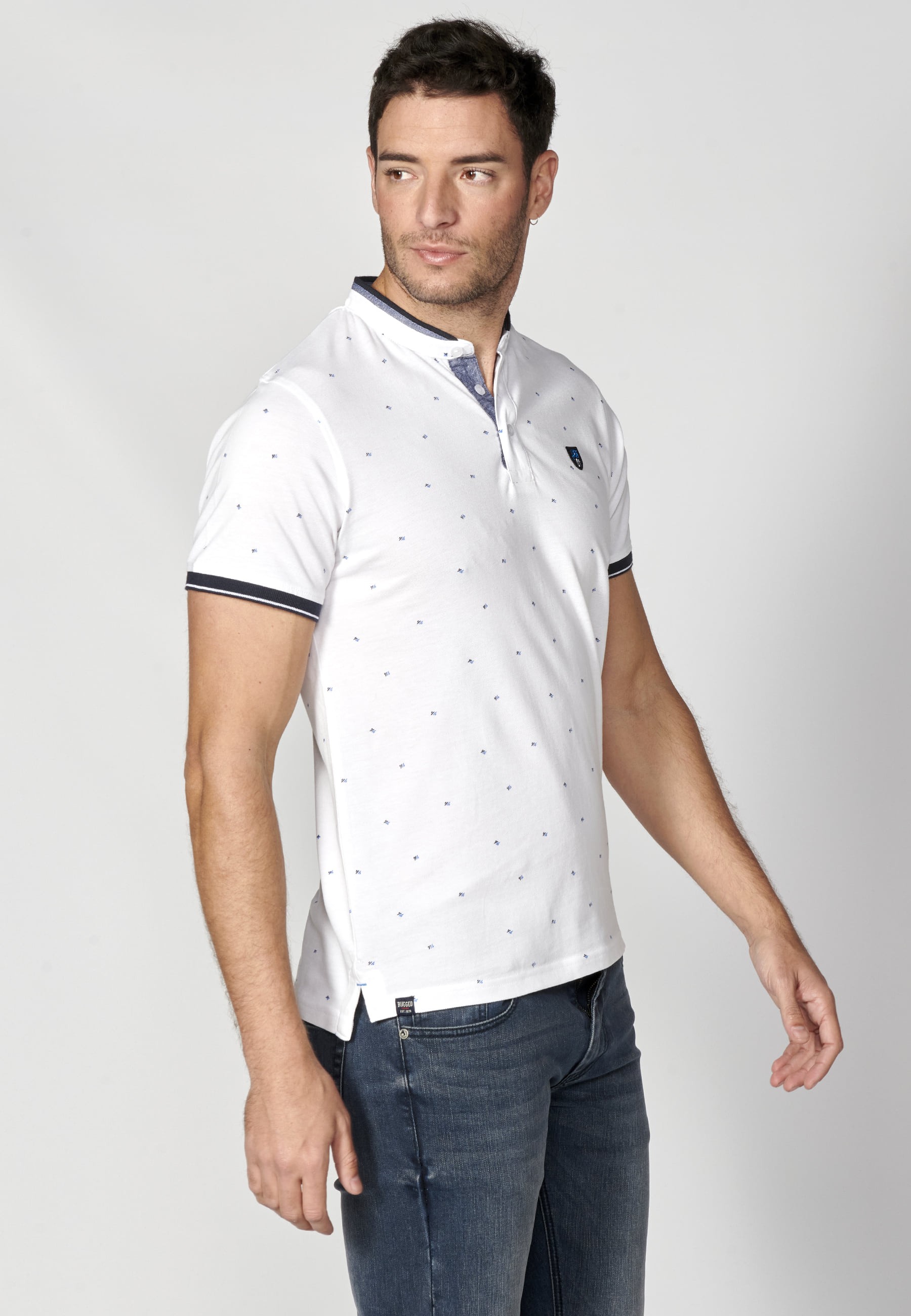 White Printed Cotton Short Sleeve Polo Shirt for Men