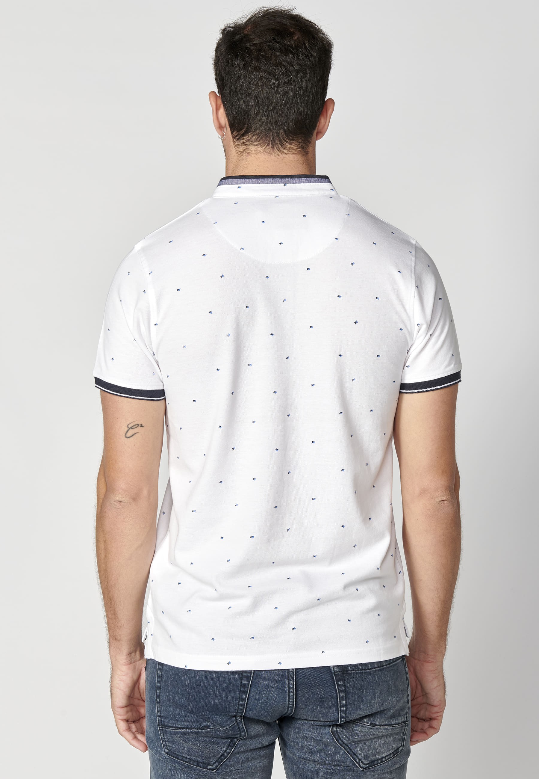 White Printed Cotton Short Sleeve Polo Shirt for Men