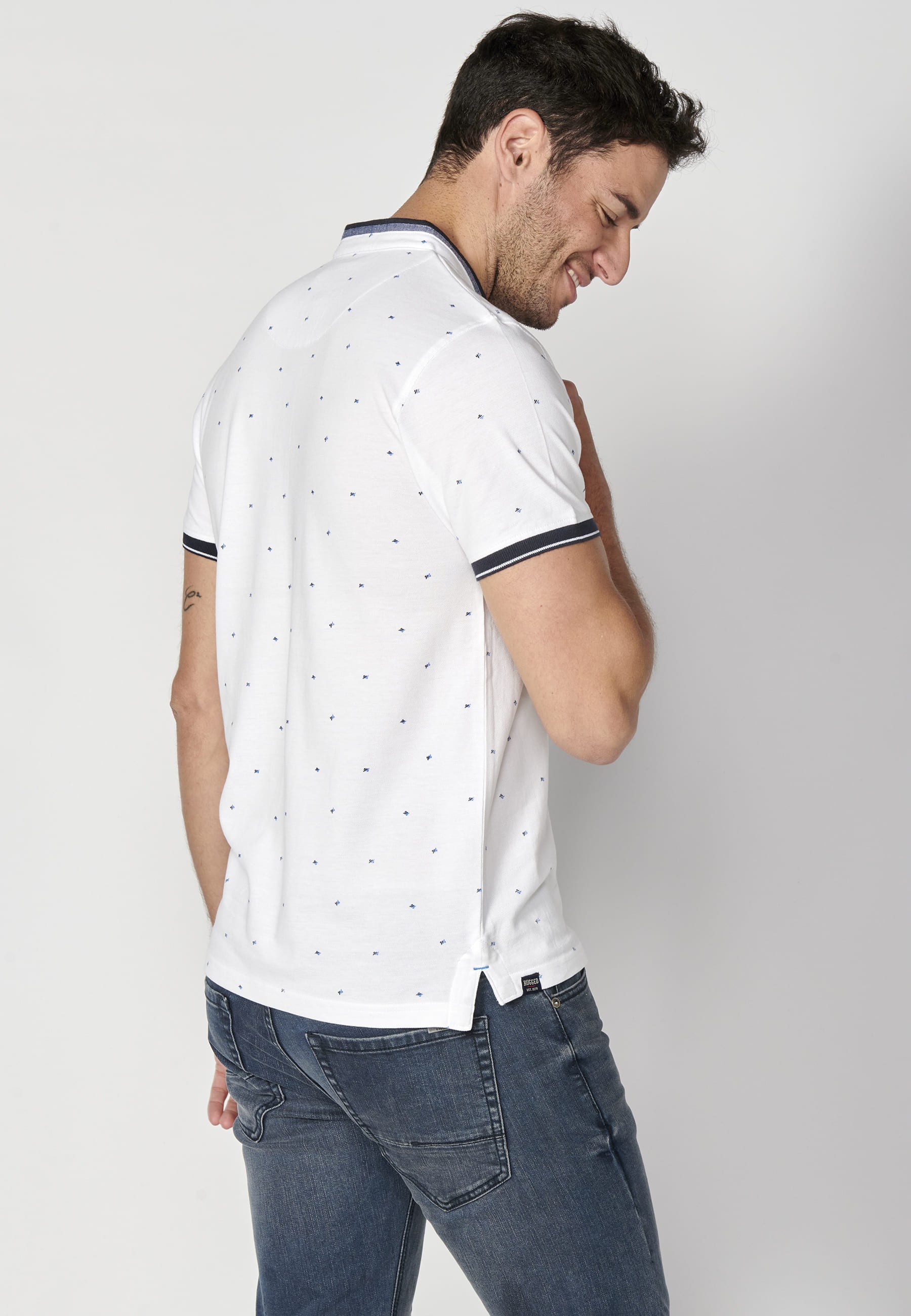 White Printed Cotton Short Sleeve Polo Shirt for Men