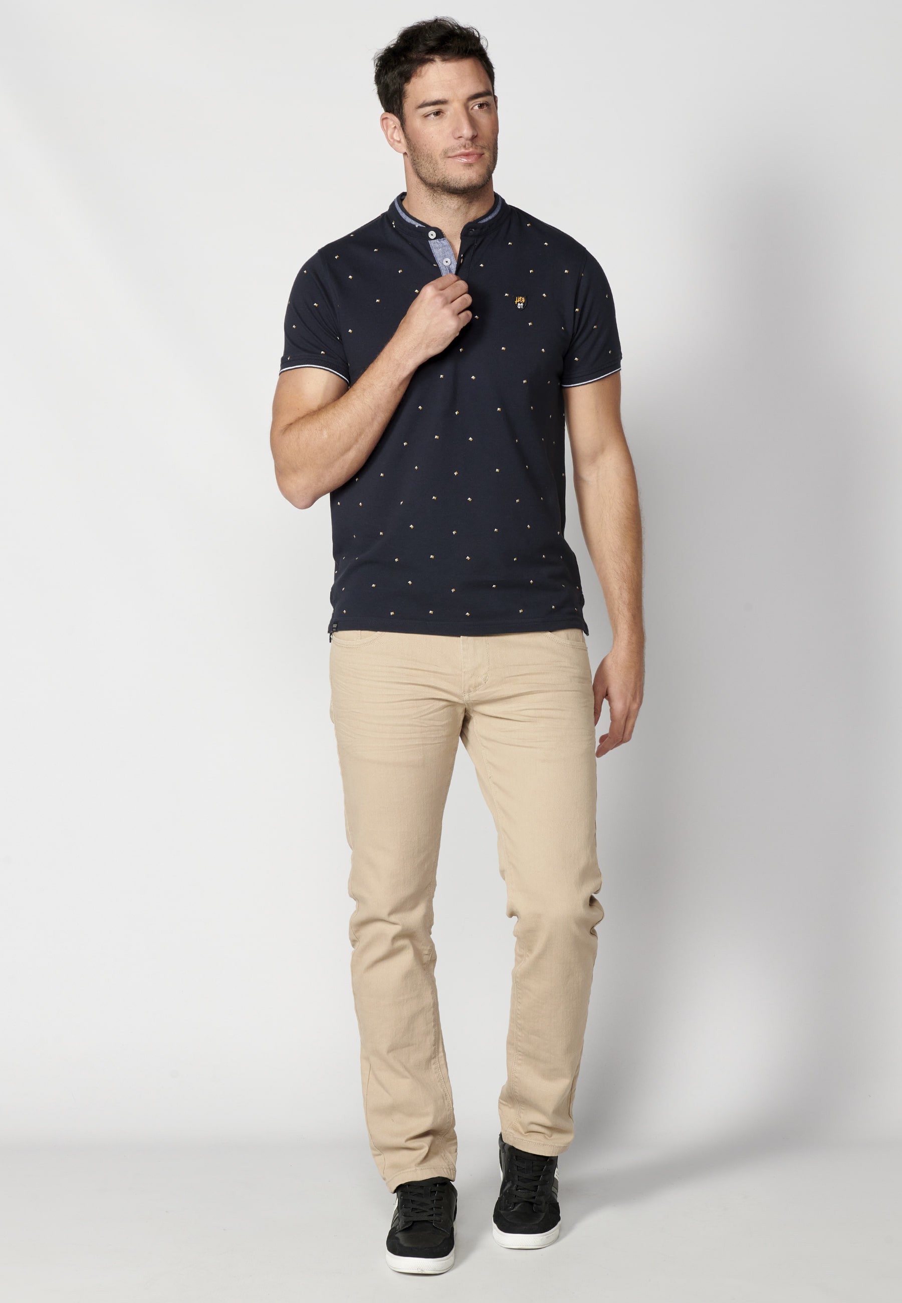 Short-sleeved Navy Printed Cotton Polo Shirt for Men