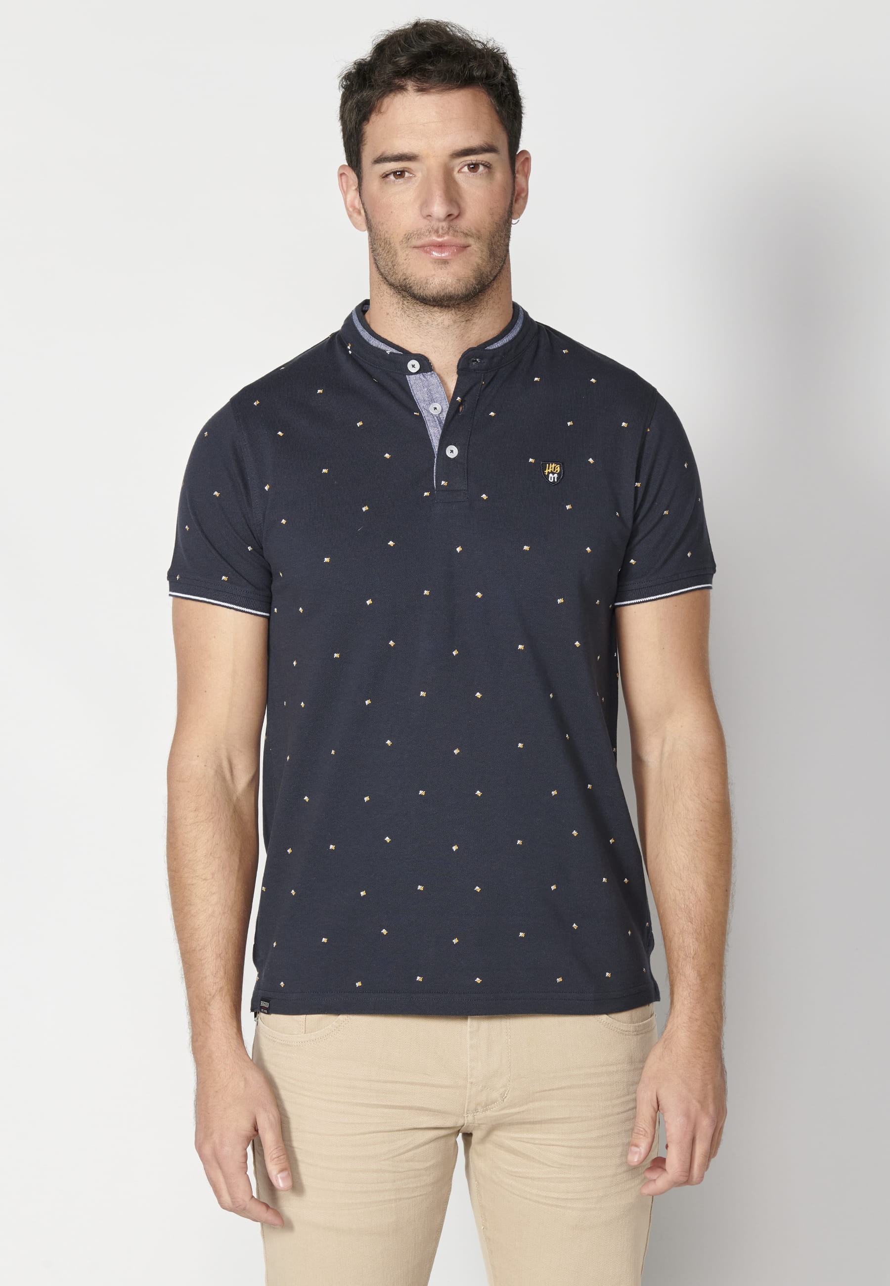 Short-sleeved Navy Printed Cotton Polo Shirt for Men