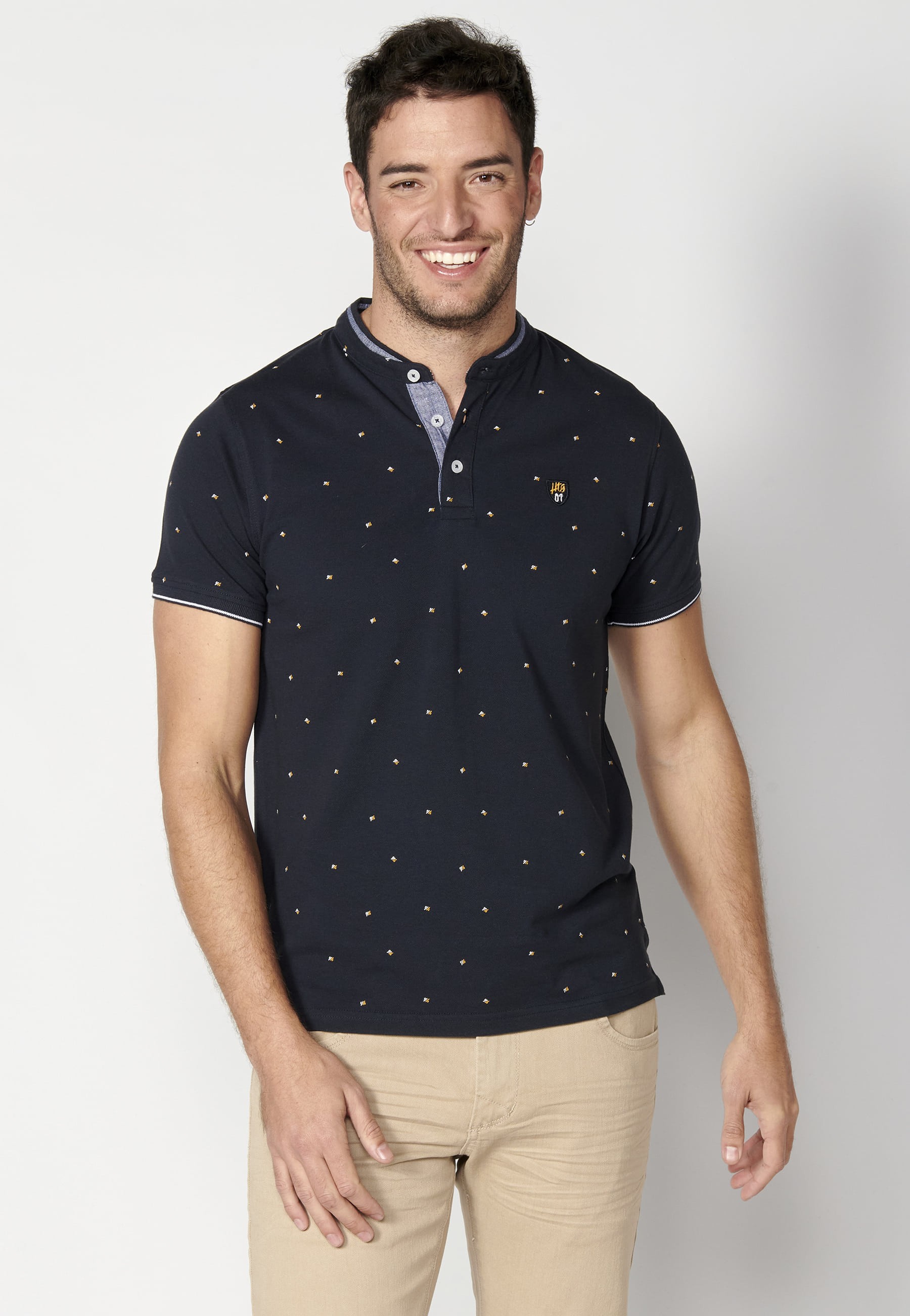 Short-sleeved Navy Printed Cotton Polo Shirt for Men