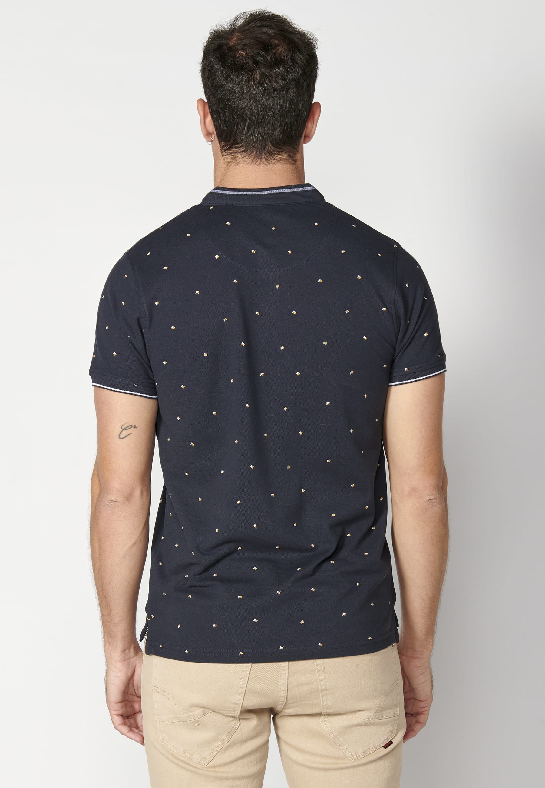 Short-sleeved Navy Printed Cotton Polo Shirt for Men