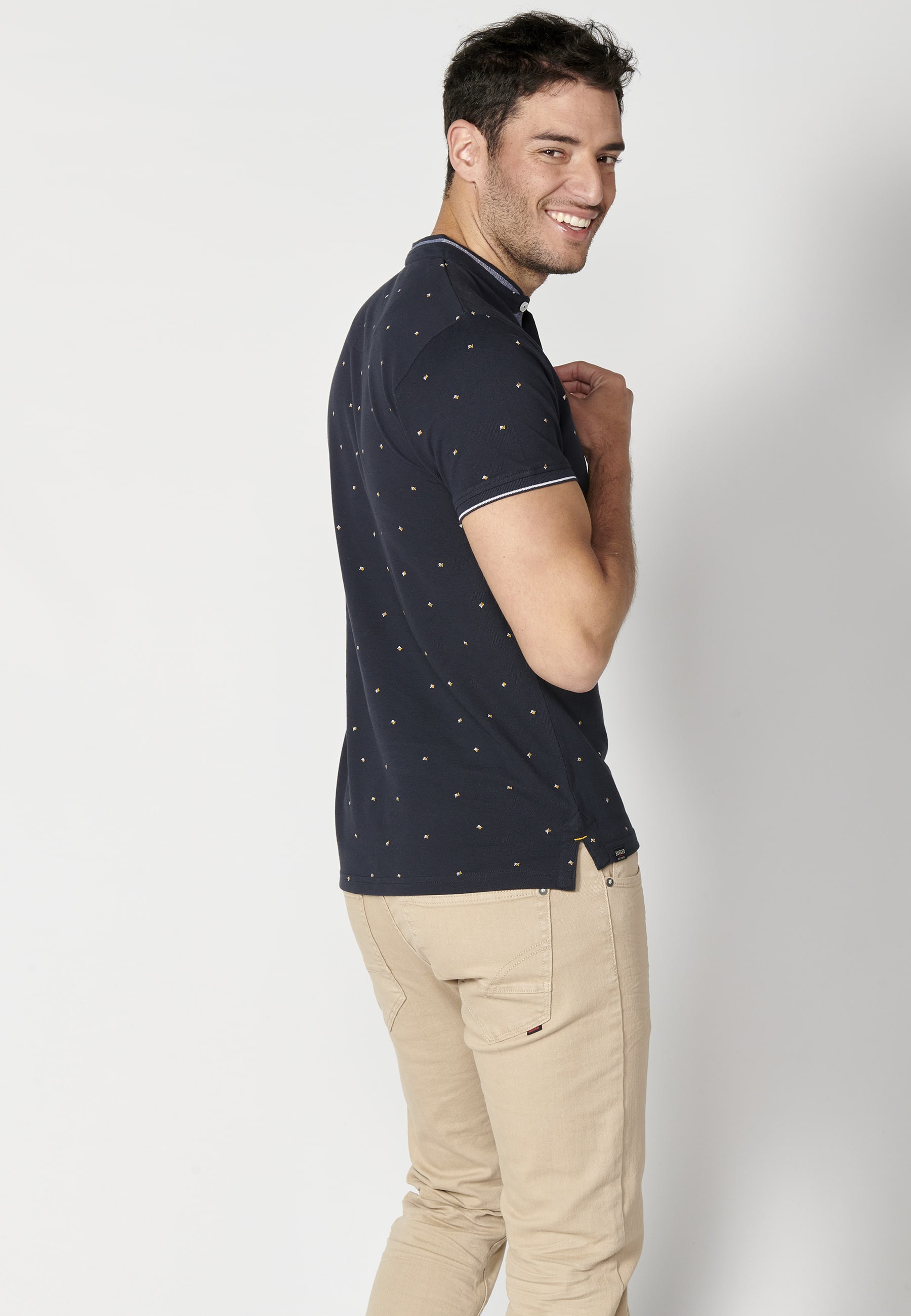 Short-sleeved Navy Printed Cotton Polo Shirt for Men