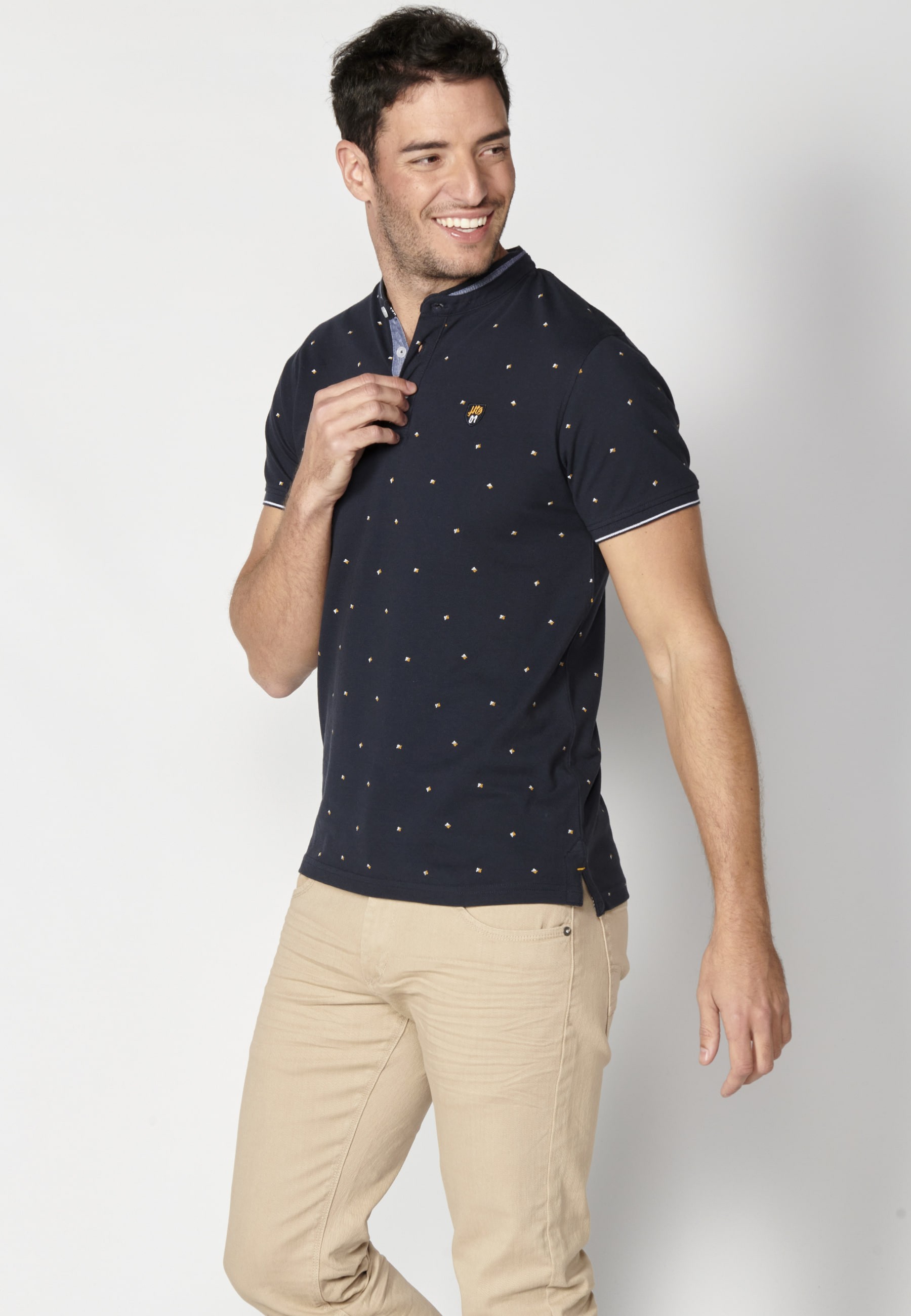 Short-sleeved Navy Printed Cotton Polo Shirt for Men