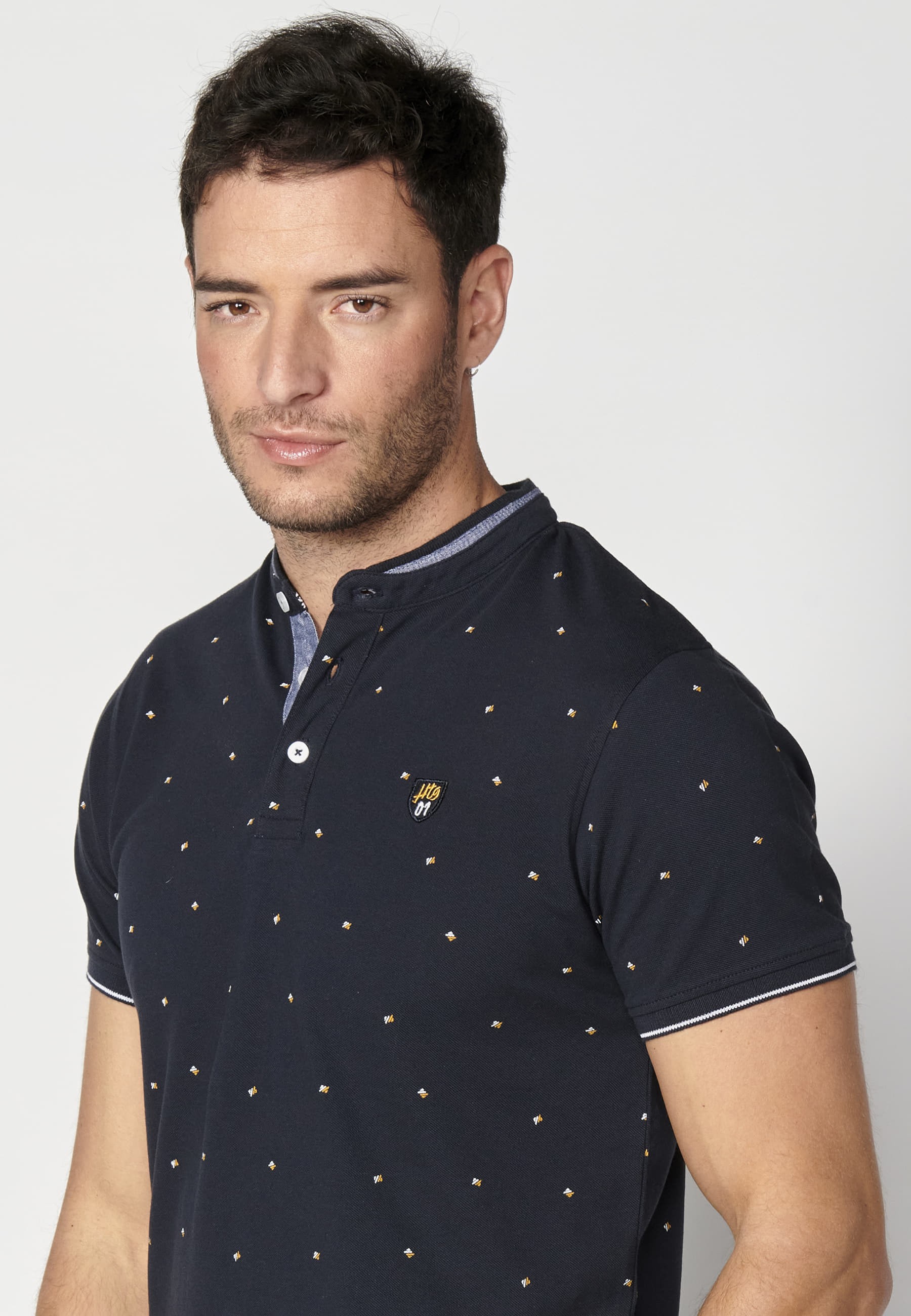 Kurzärmliges marineblaues bedrucktes Baumwoll-Poloshirt für Herren