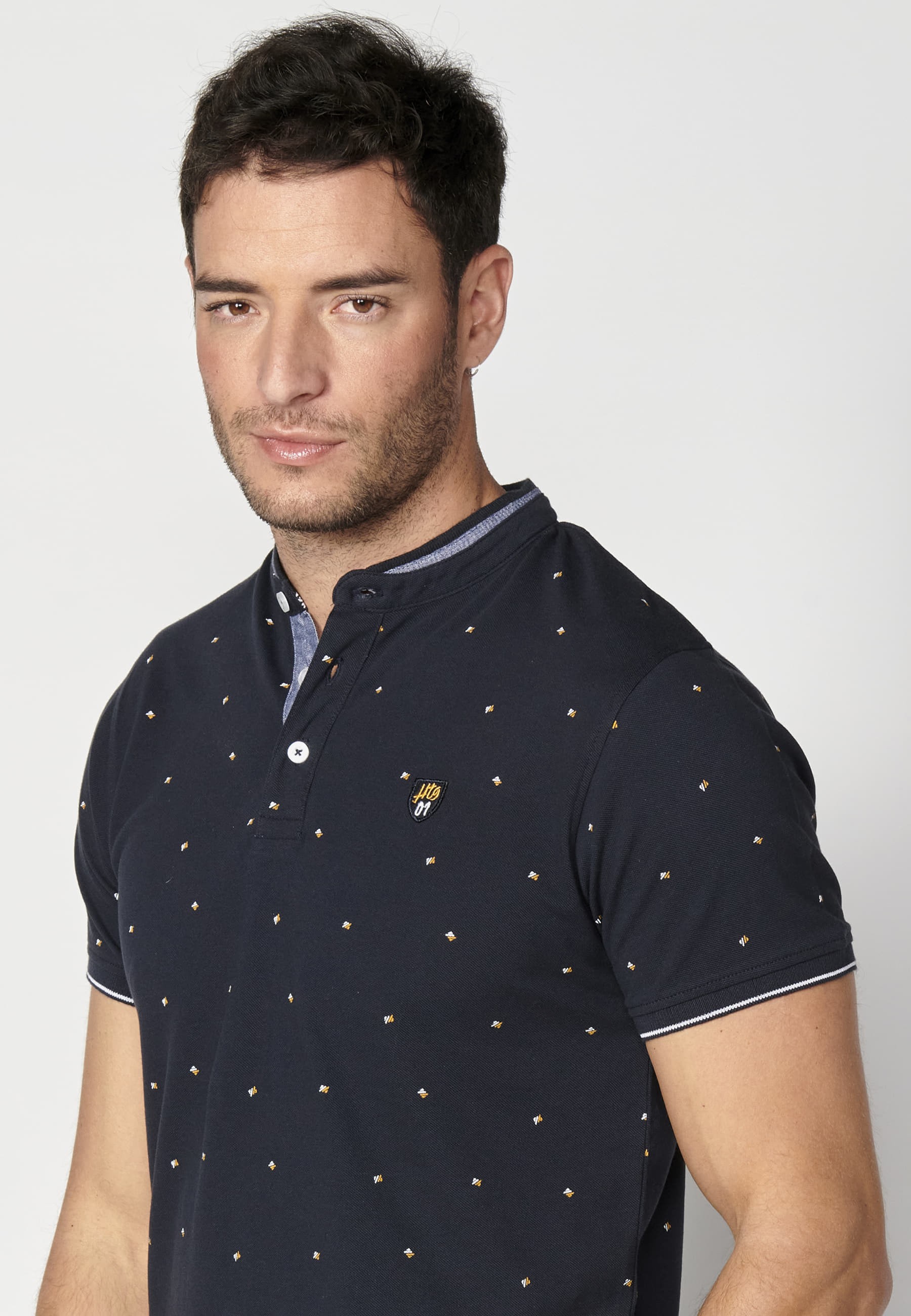 Short-sleeved Navy Printed Cotton Polo Shirt for Men