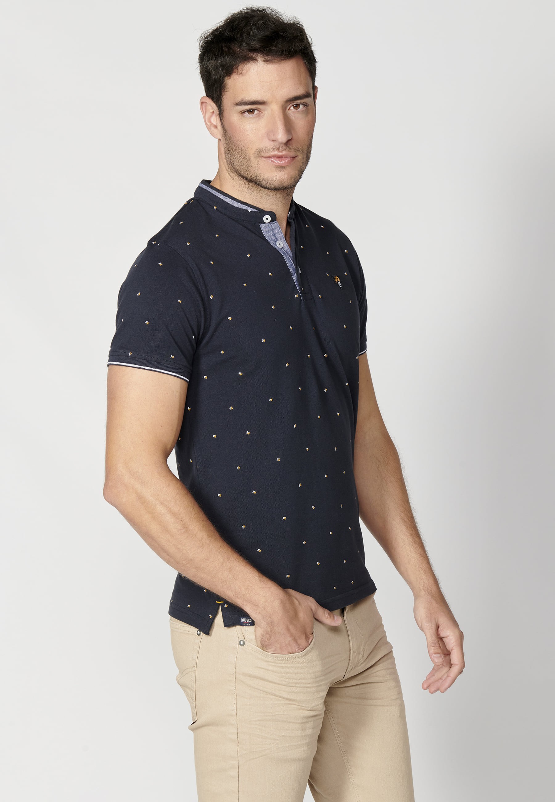 Short-sleeved Navy Printed Cotton Polo Shirt for Men