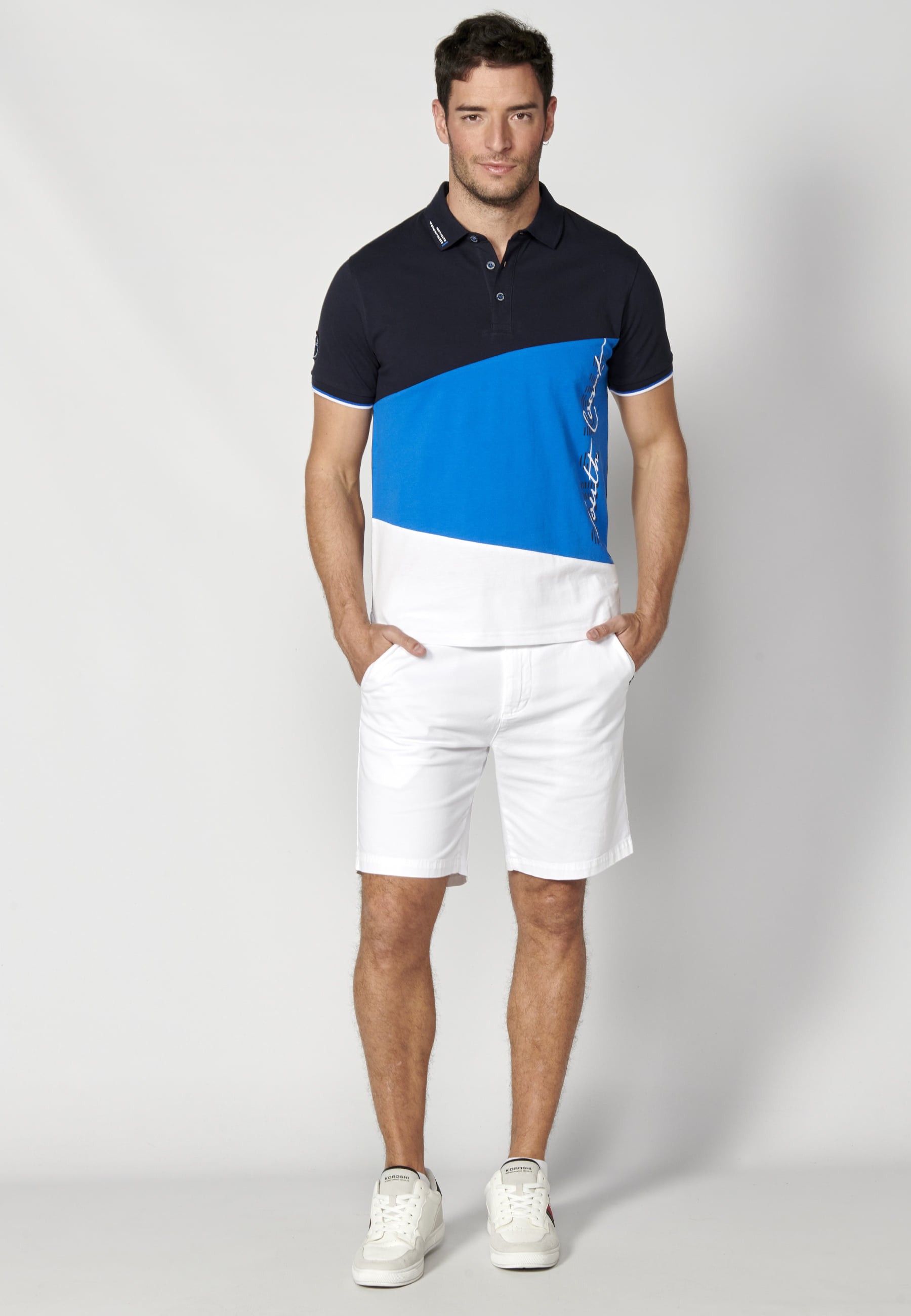 Blau gestreiftes Kurzarm-Poloshirt aus Baumwolle für Herren