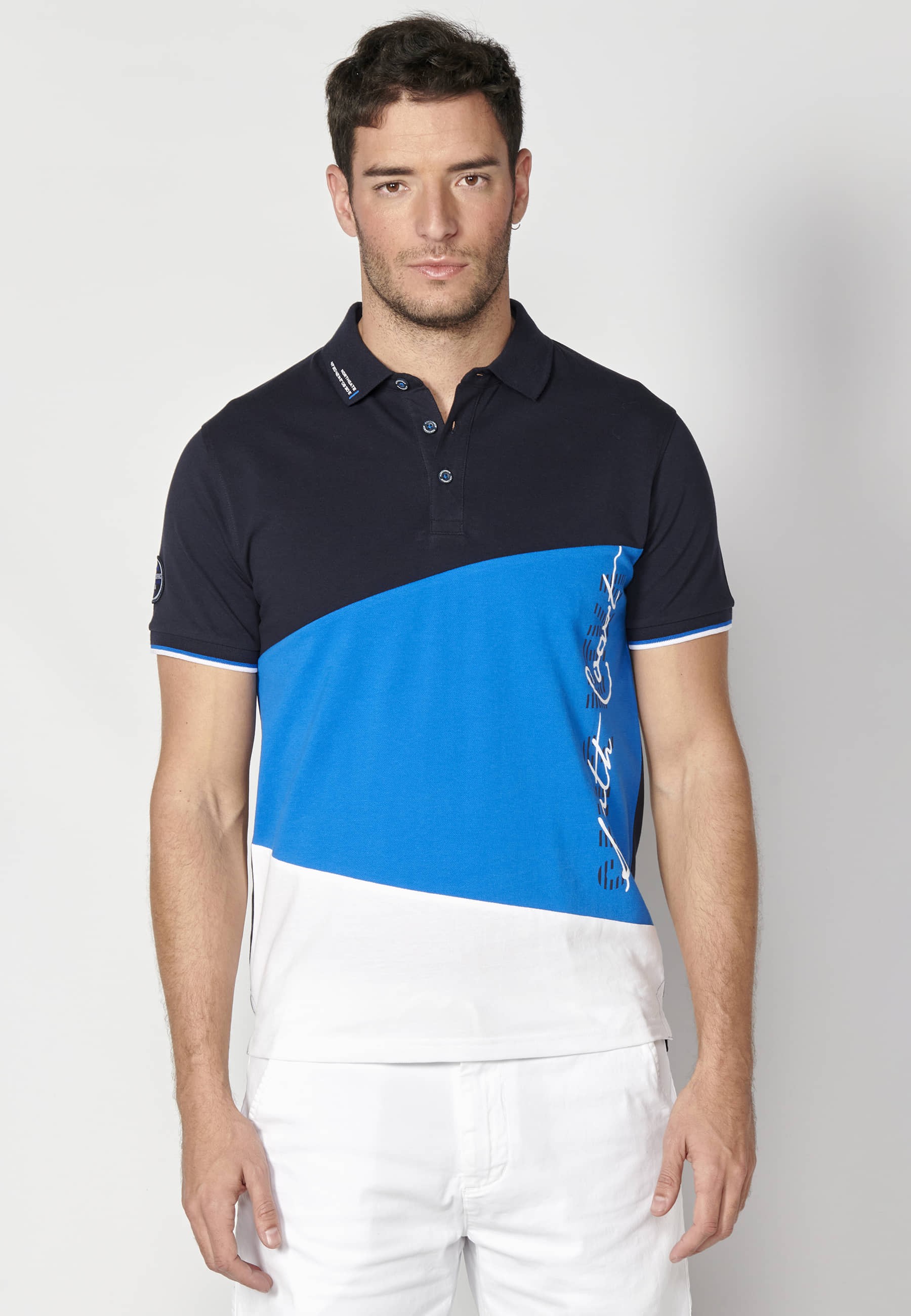 Blue striped cotton short-sleeved polo shirt for Men