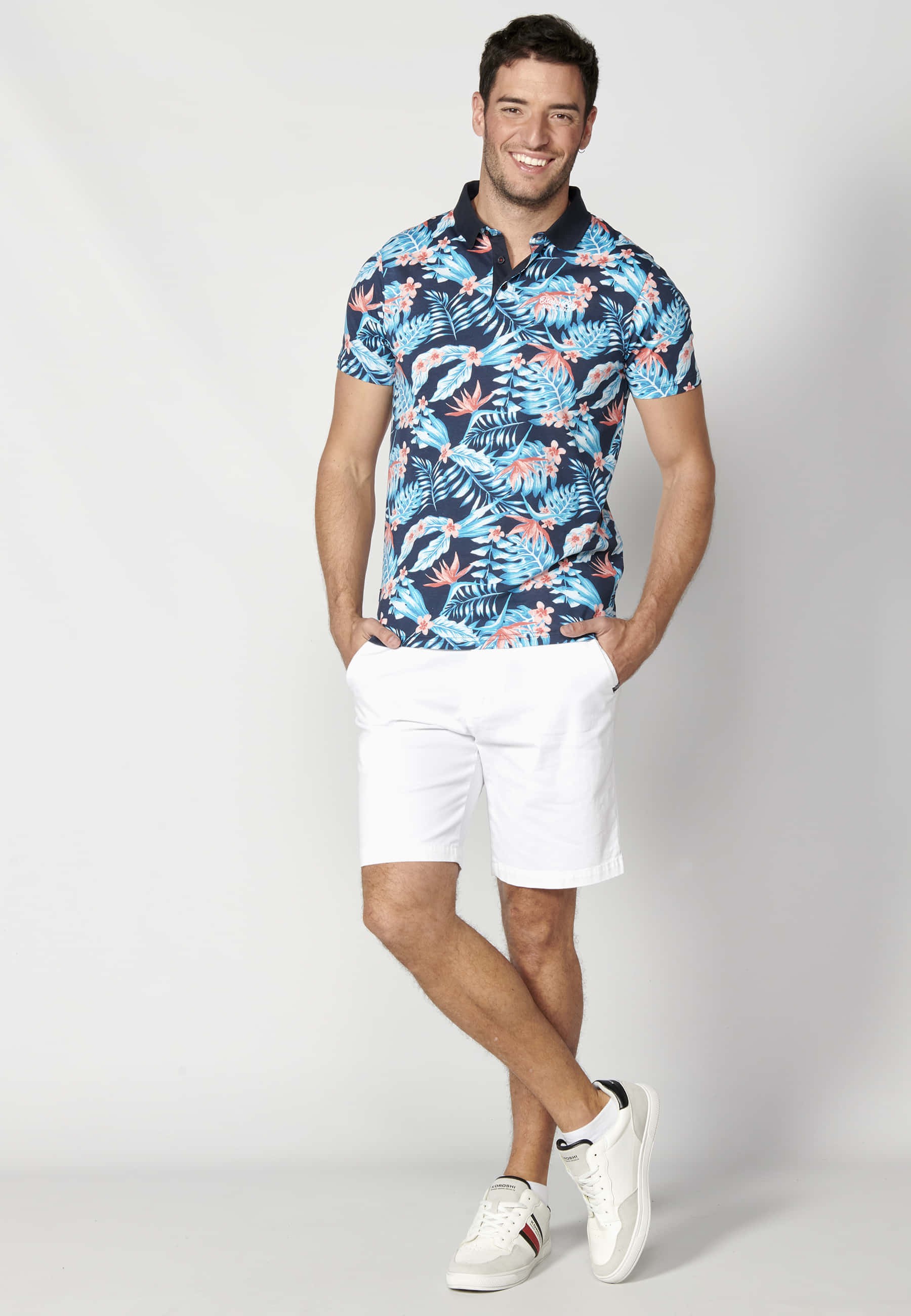 Polo manga corta de algodón estampado tropical color navy para hombre | Ropa Casual