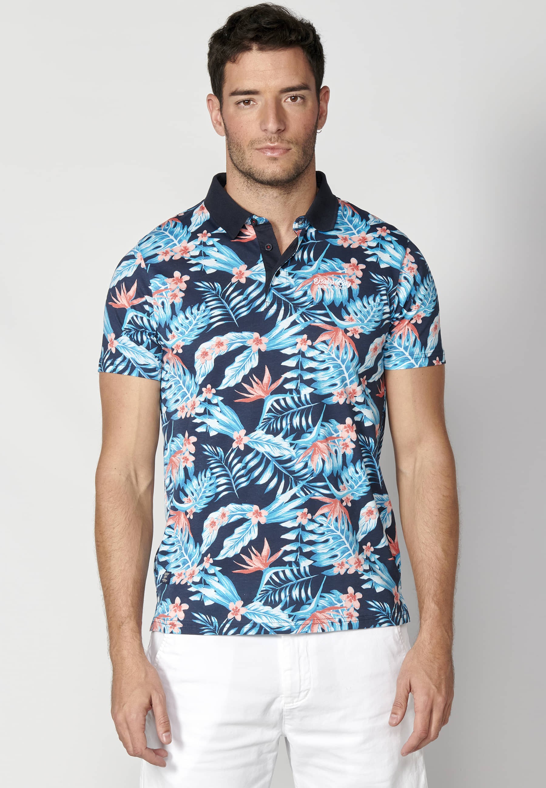 Polo manga corta de algodón estampado tropical color navy para hombre | Ropa Casual