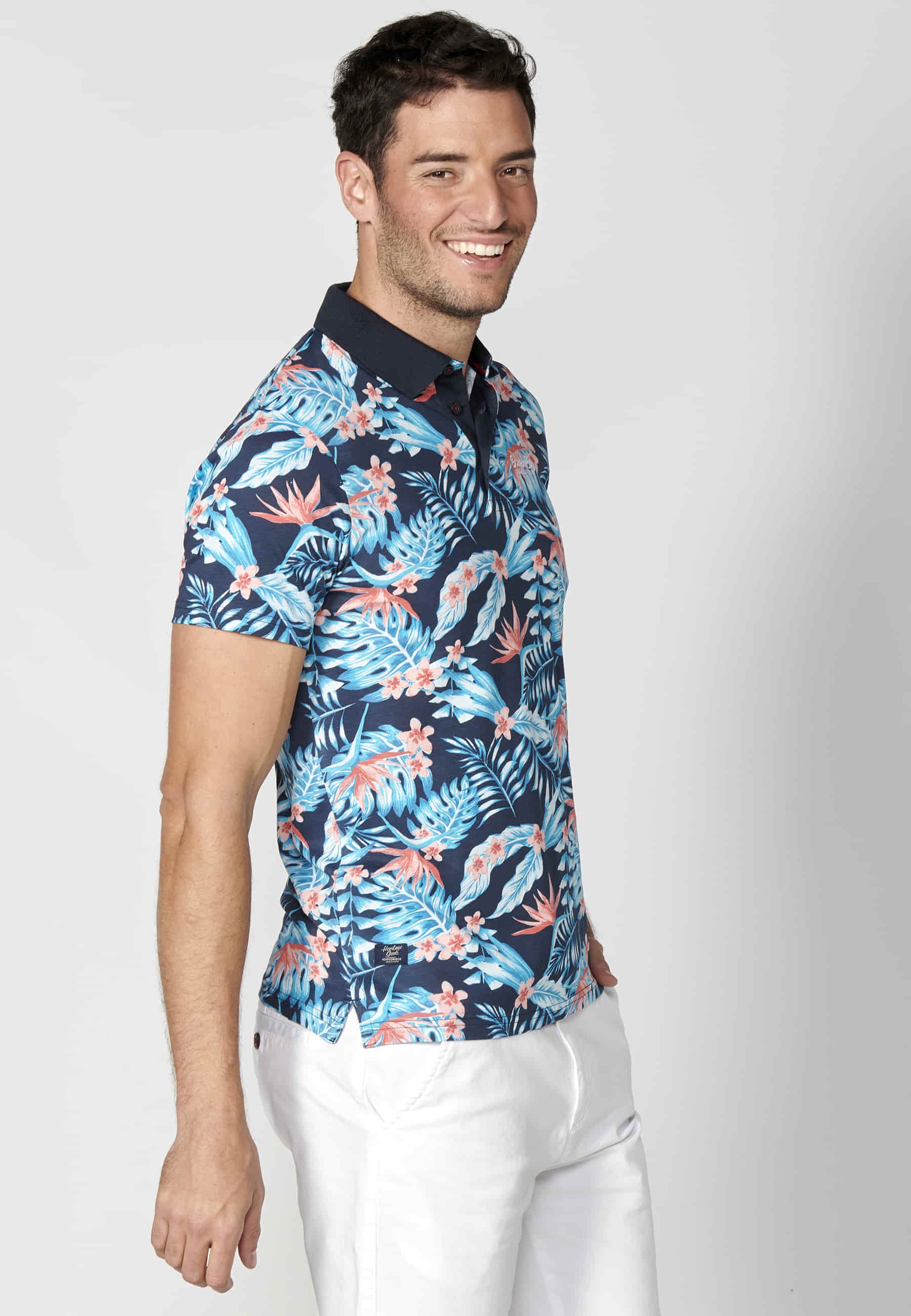 Polo manga corta de algodón estampado tropical color navy para hombre | Ropa Casual