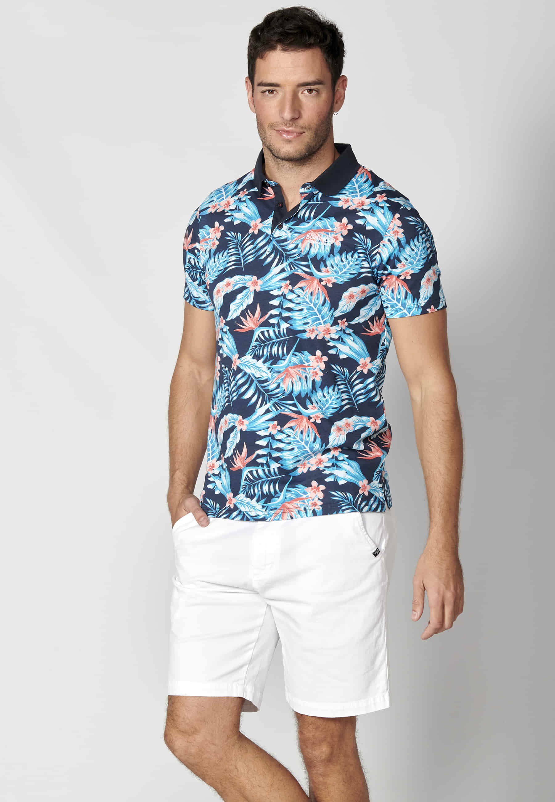 Polo manga corta de algodón estampado tropical color navy para hombre | Ropa Casual