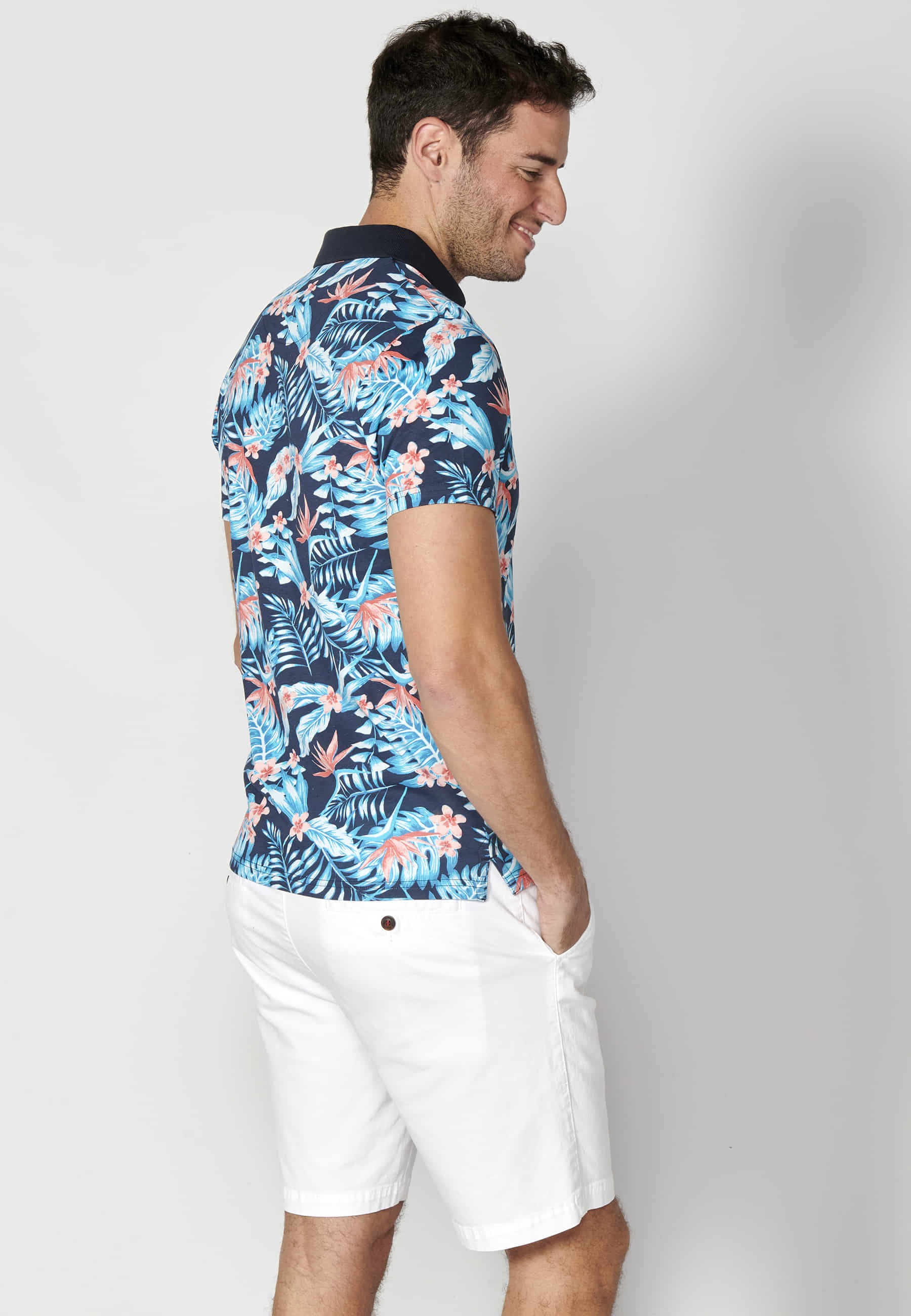 Polo manga corta de algodón estampado tropical color navy para hombre | Ropa Casual