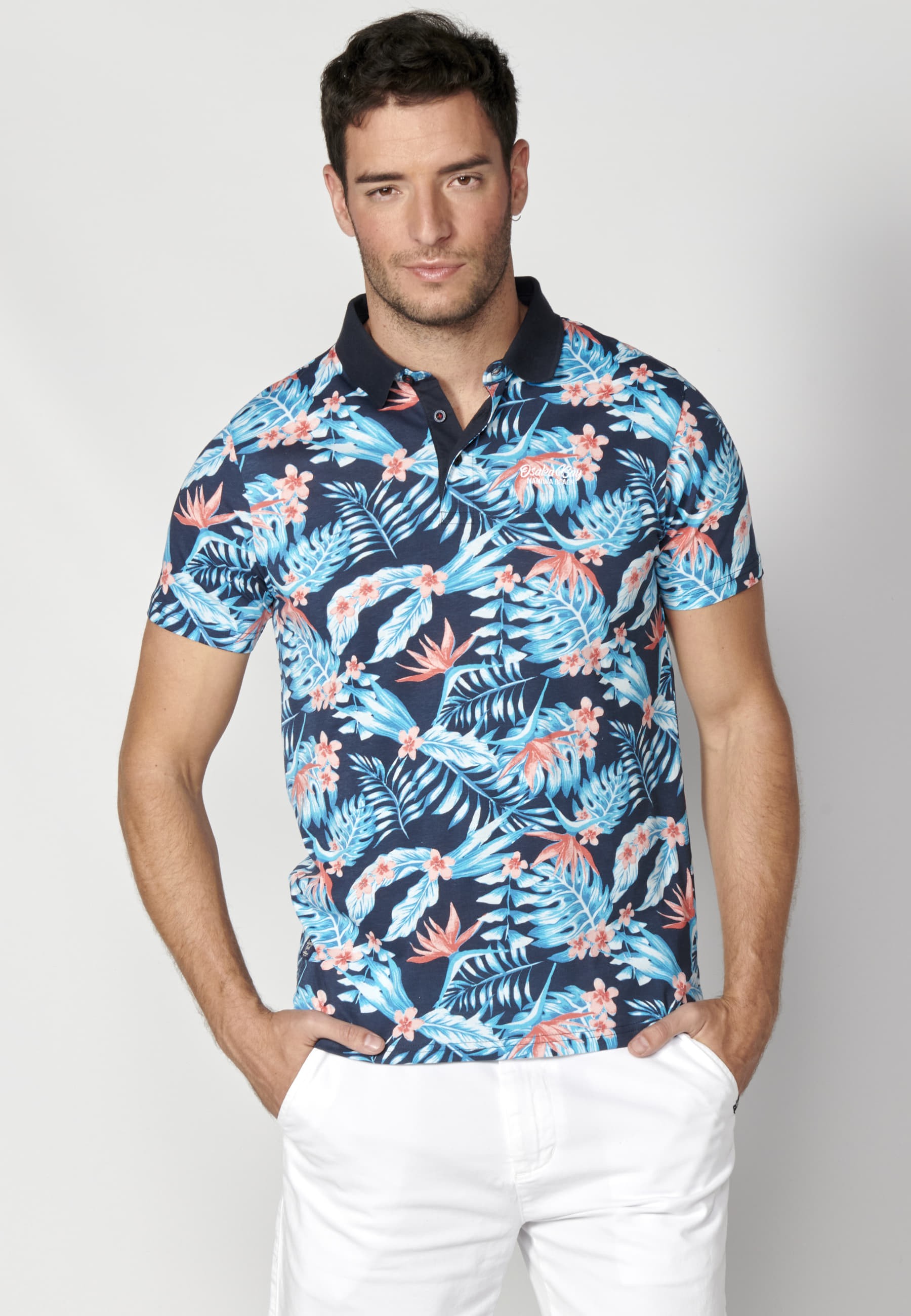 Polo manga corta de algodón estampado tropical color navy para hombre | Ropa Casual