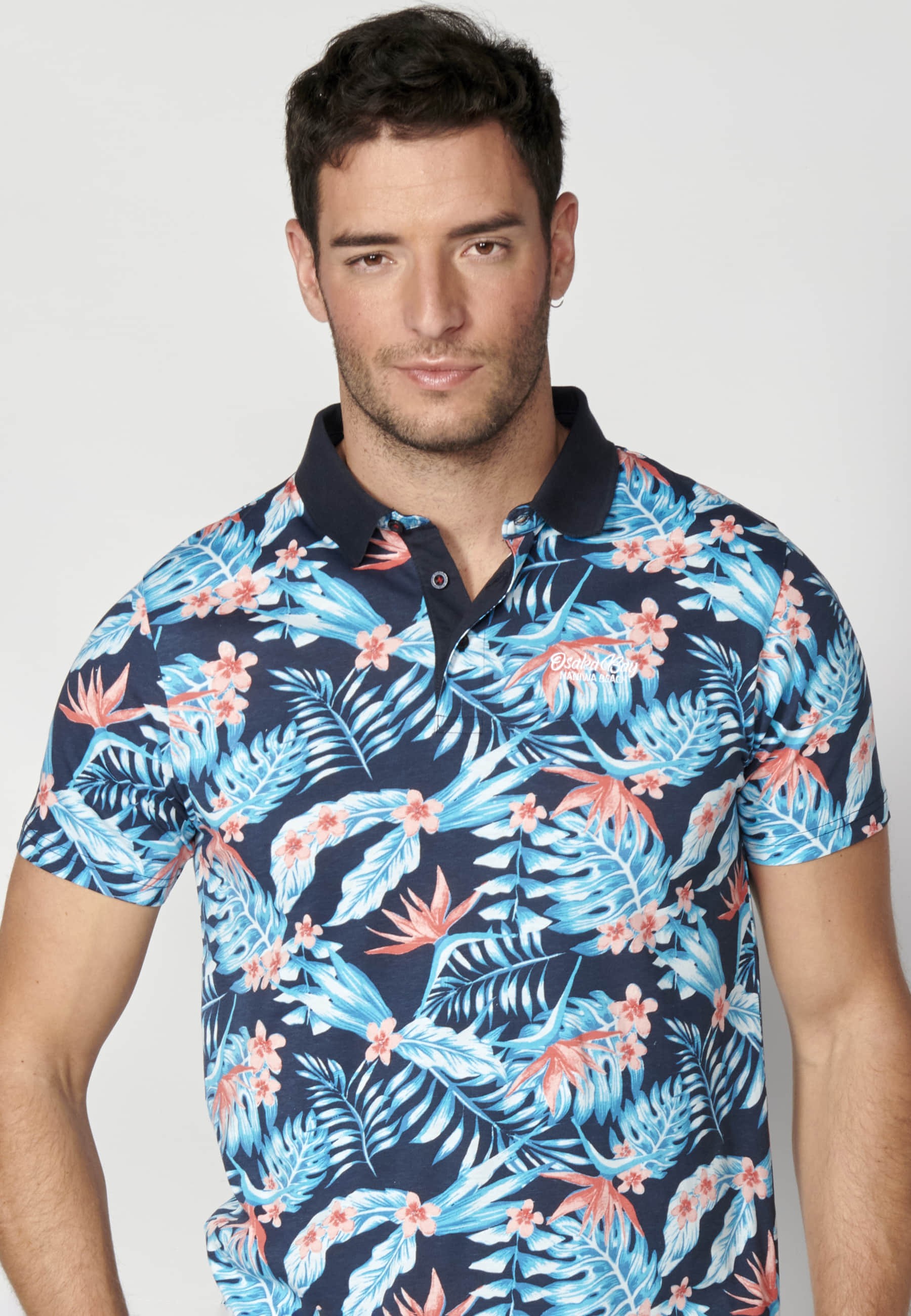 Polo manga corta de algodón estampado tropical color navy para hombre | Ropa Casual