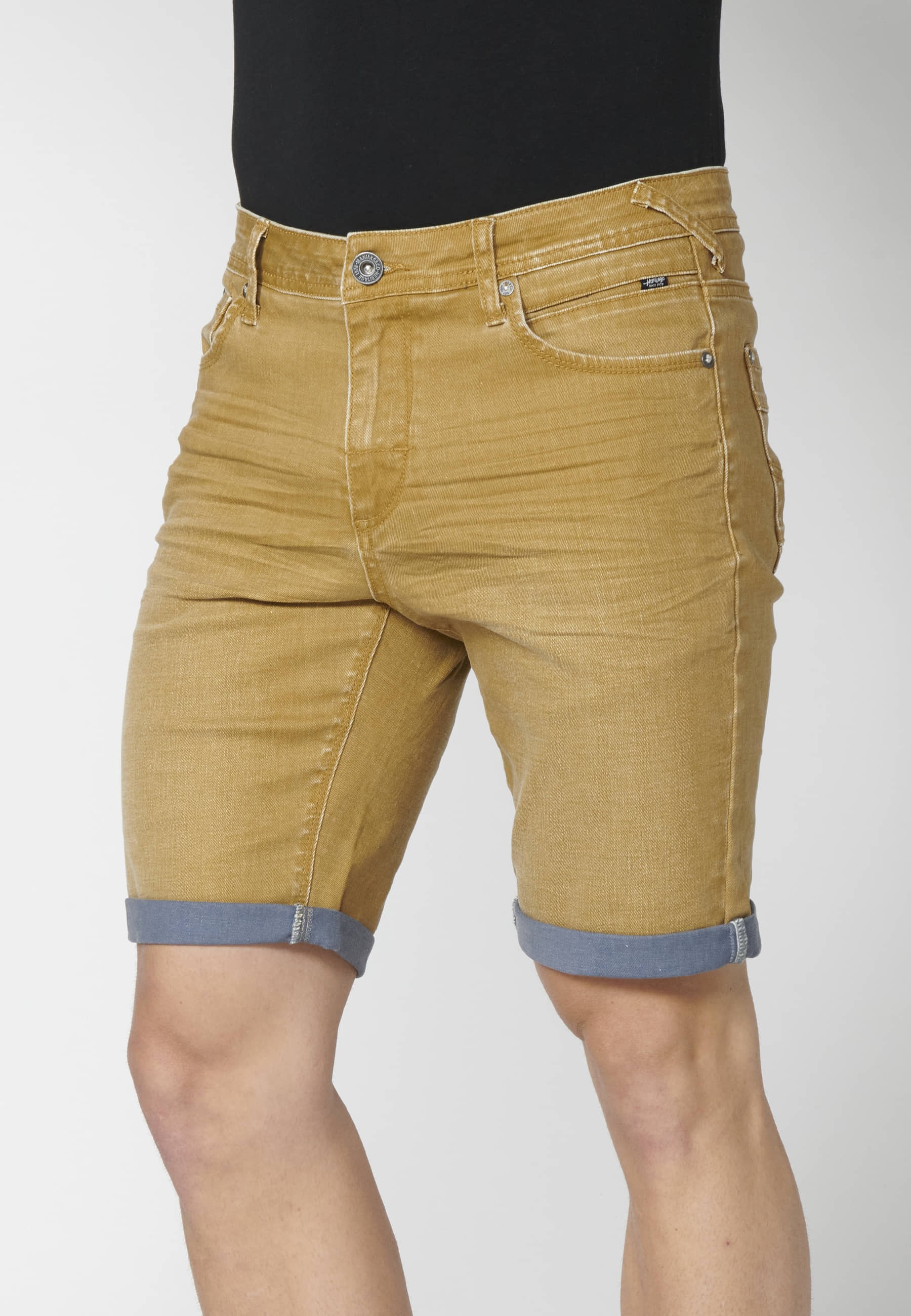 Ocher Color Regular Stretch Denim Bermuda Shorts for Men