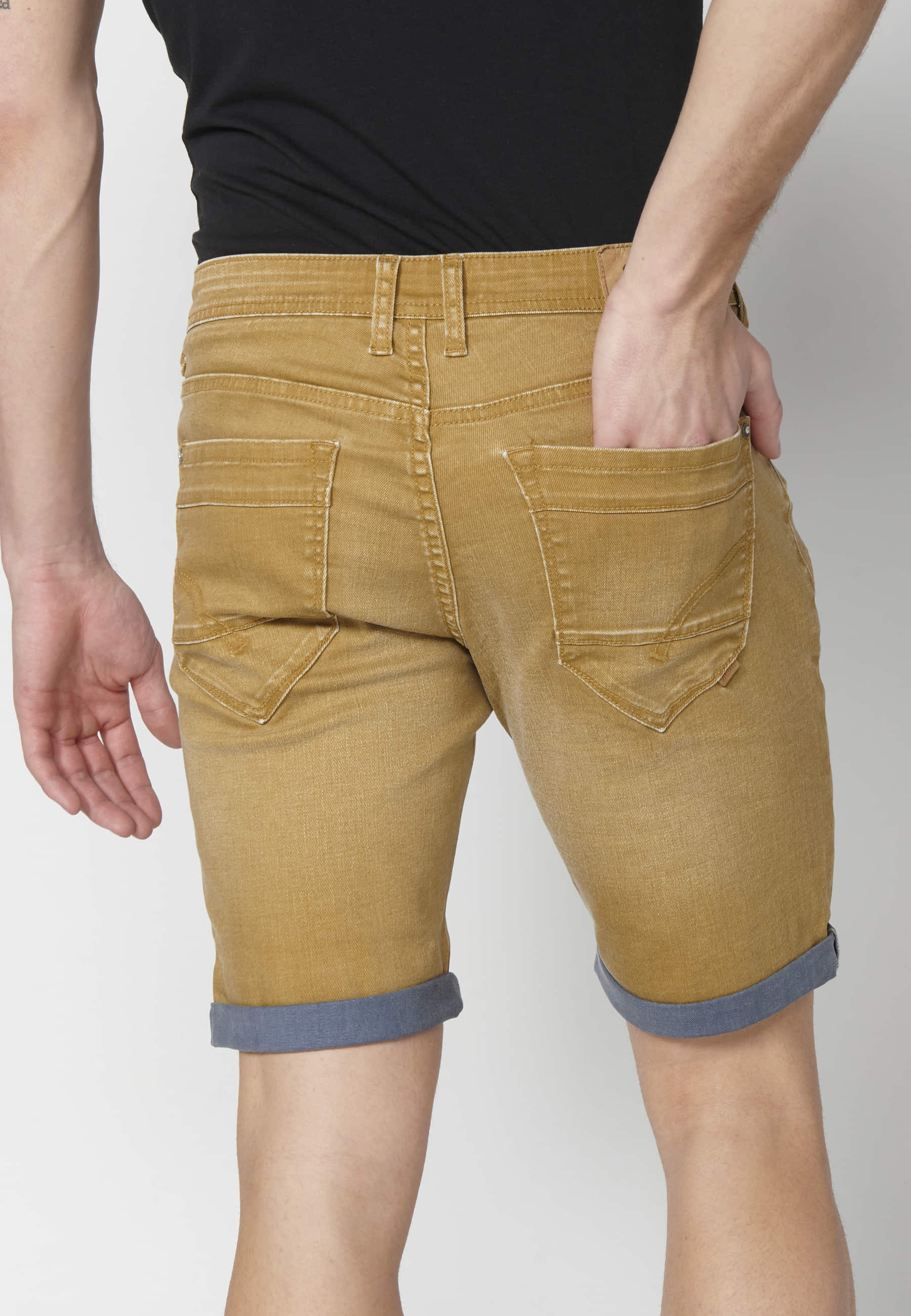 Ocher Color Regular Stretch Denim Bermuda Shorts for Men