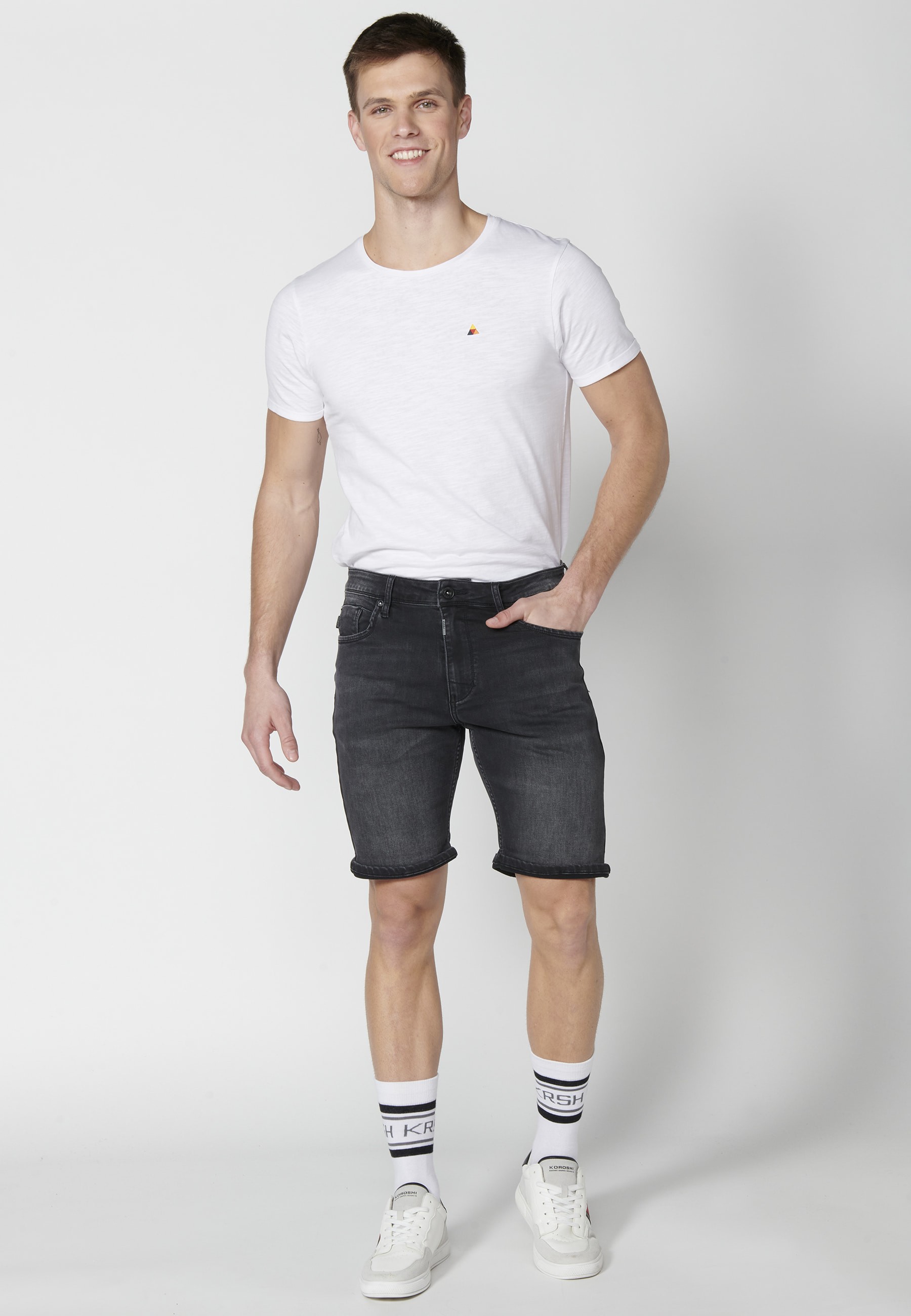 Black regular fit stretch denim bermuda shorts for Men