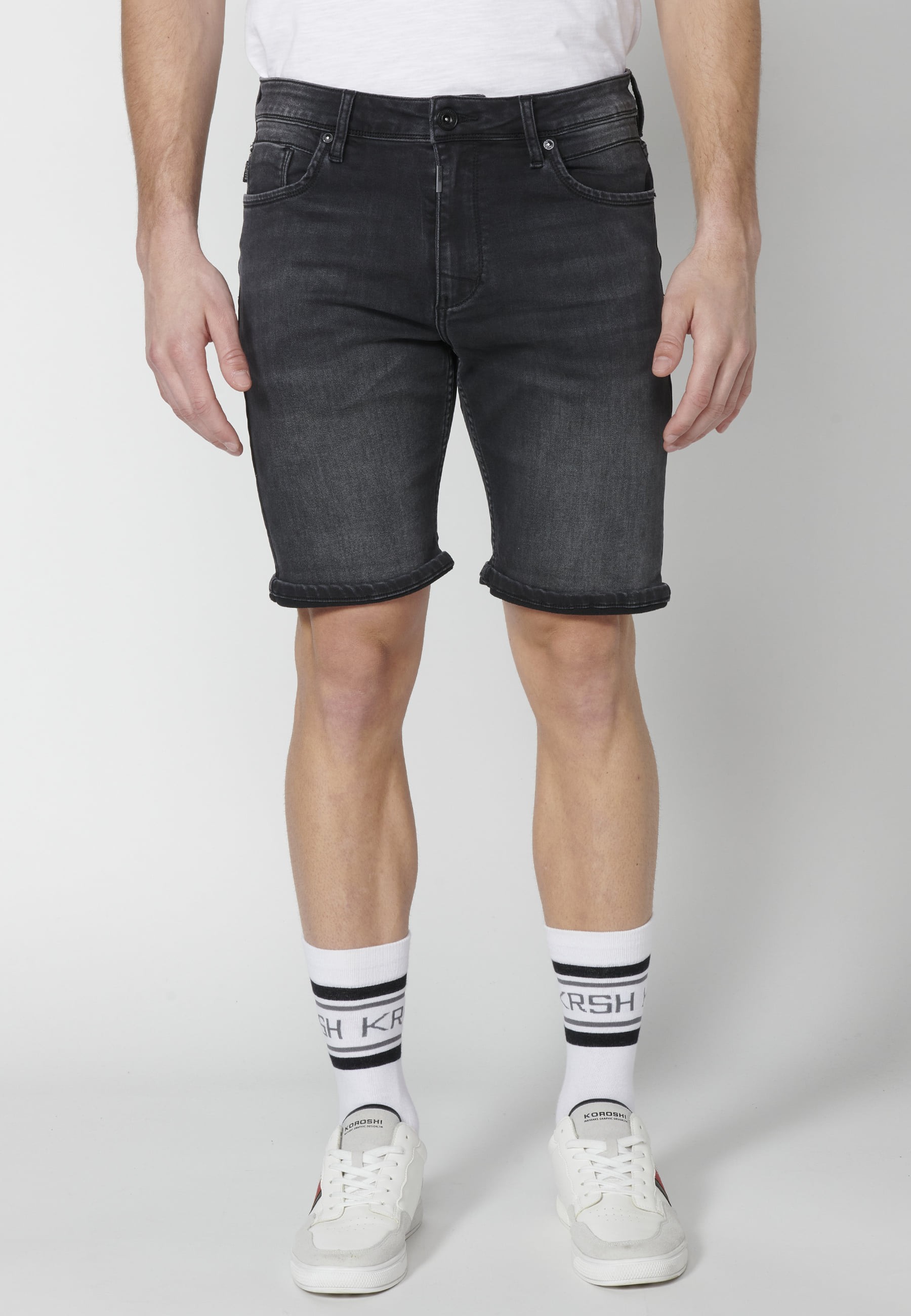 Black regular fit stretch denim bermuda shorts for Men